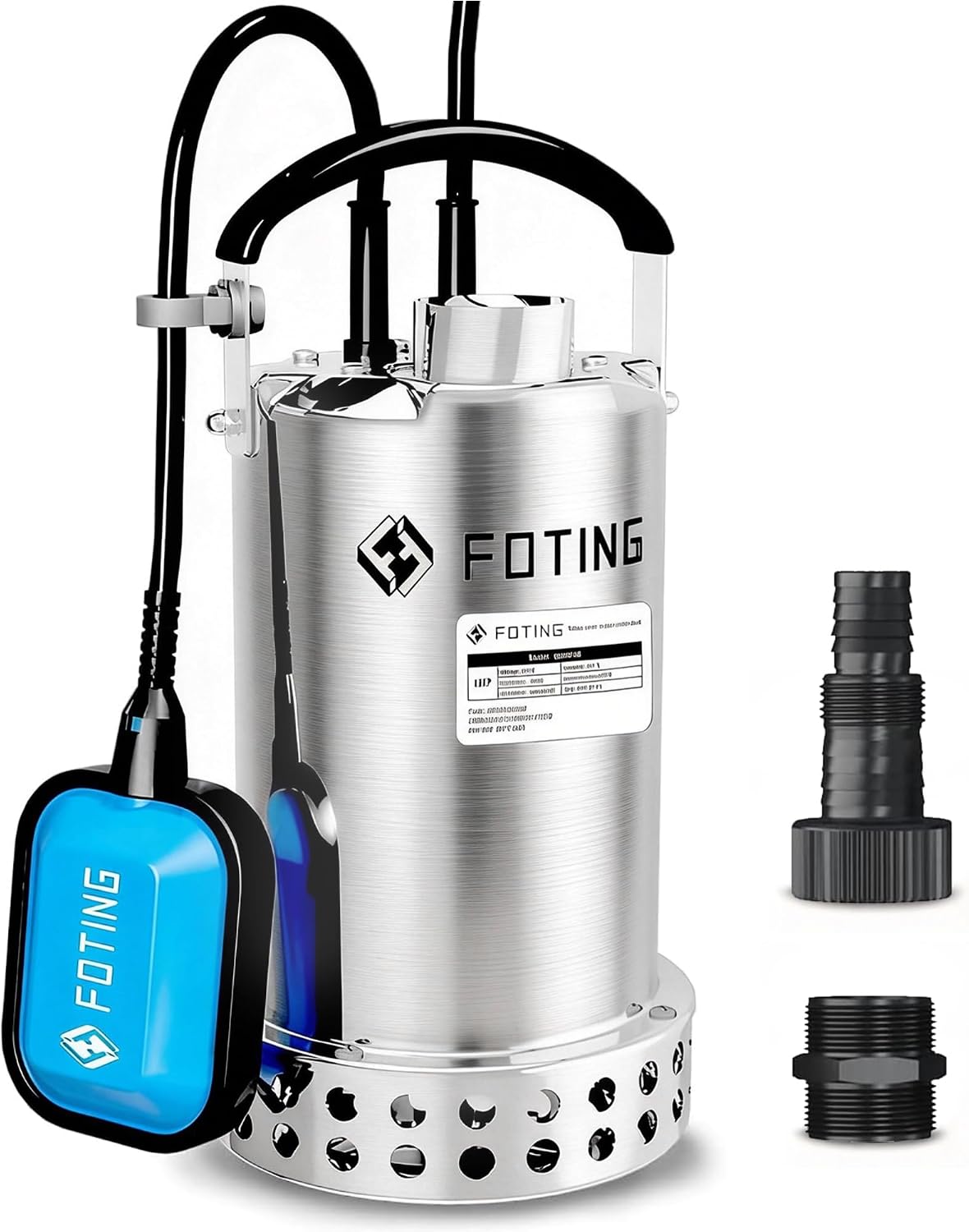 FOTING Full 304 Stainless Steel Sump Pump with Float Switch - 1HP 4600GPH Automatic Submersible Water Pump Fast Water Removal in Pools, Basements