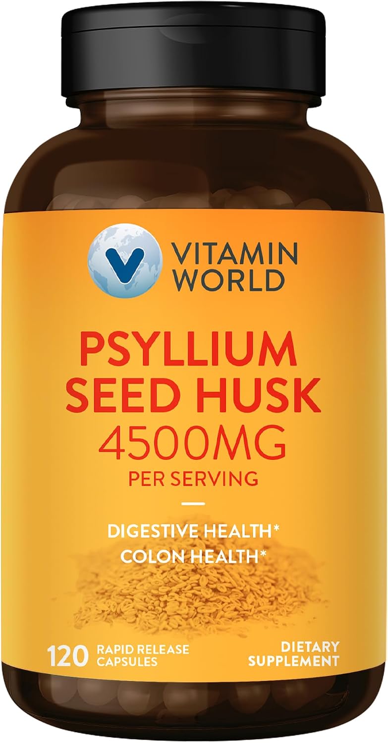 Vitamin World Psyllium Husks Capsules, 4500 mg Per Serving, 120 Capsules | Fiber Supplement for Digestive Health and Regularity, Gluten-Free,