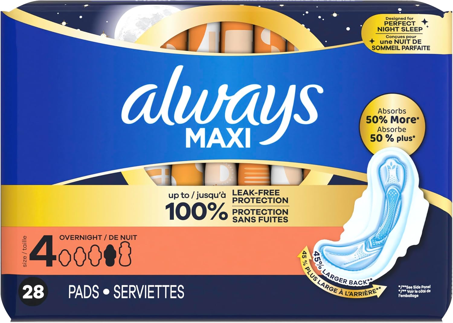 Always Maxi Overnight Feminine Pads with Wings for Women, Size 4, Overnight Absorbency, Unscented, Up to 100% Leak-Free Protection, 48 Count