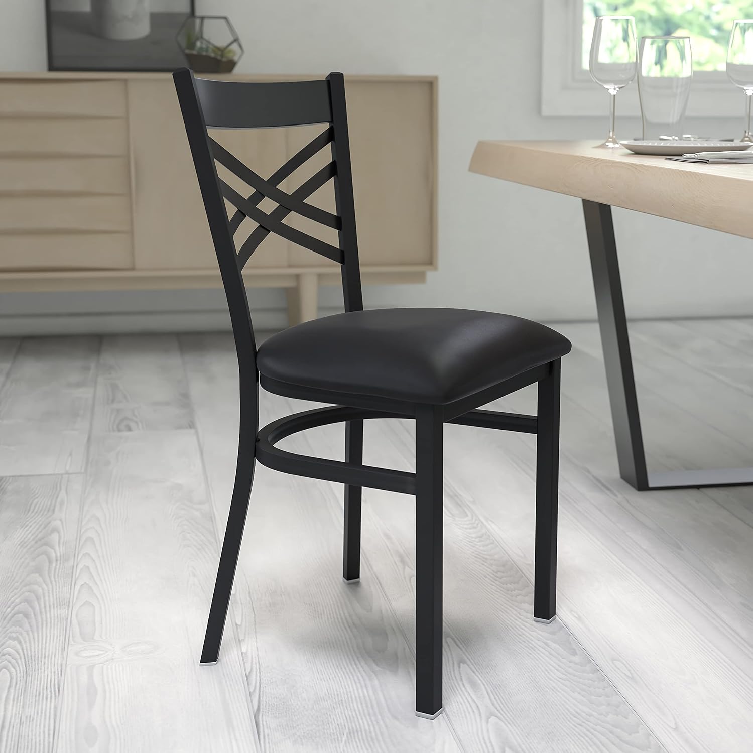 Flash Furniture Hercules Series "X" Back Metal Restaurant Chairs, Modern Upholstered Armless Dining Chairs for Restaurants/Kitchens, Set of 2, Black