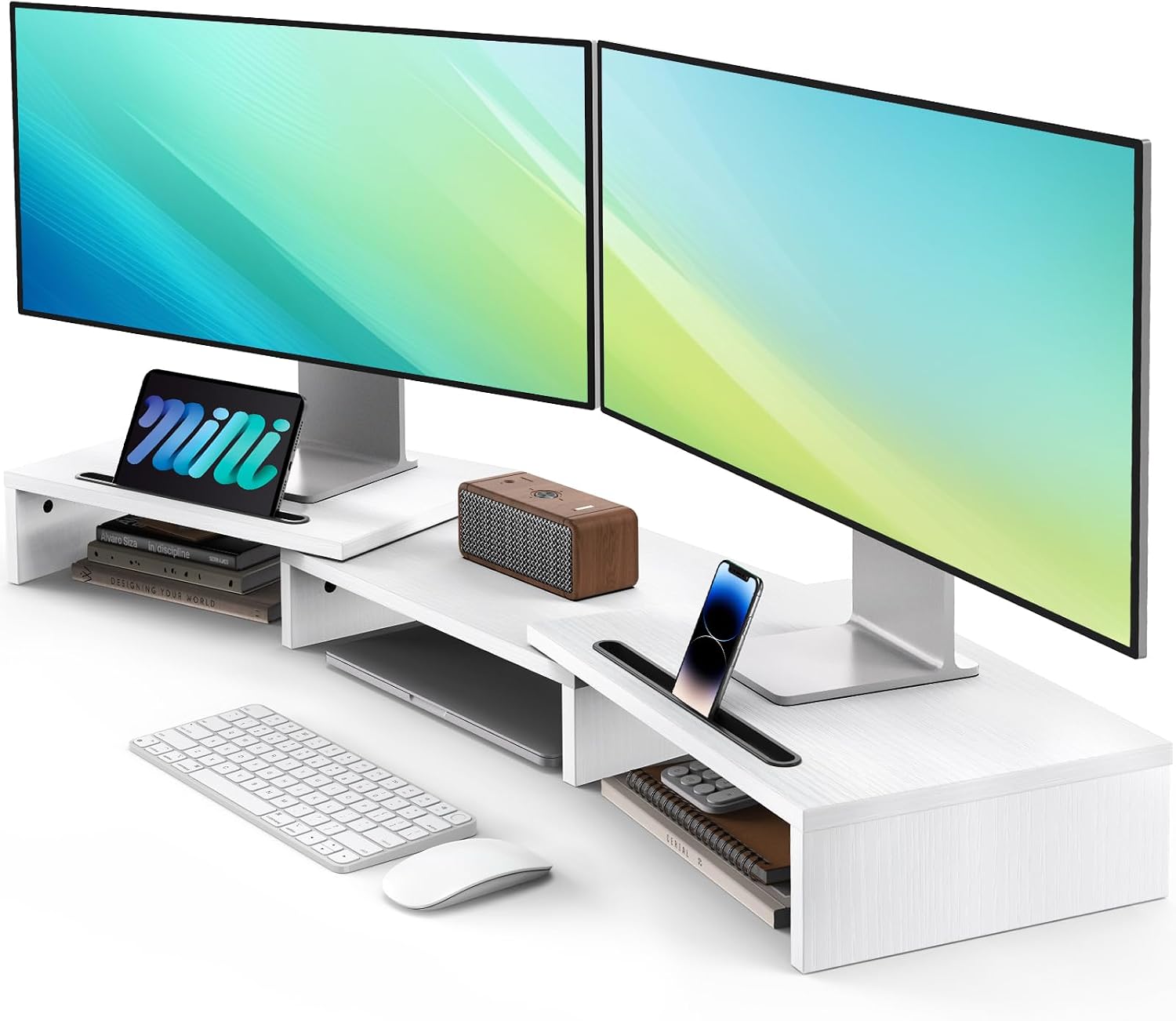 AMERIERGO Dual Monitor Stand Riser- 3 Shelf Screen Stand with Adjustable Length and Angle, 2 Extra Functional Slot Desktop Organizer Stand for PC