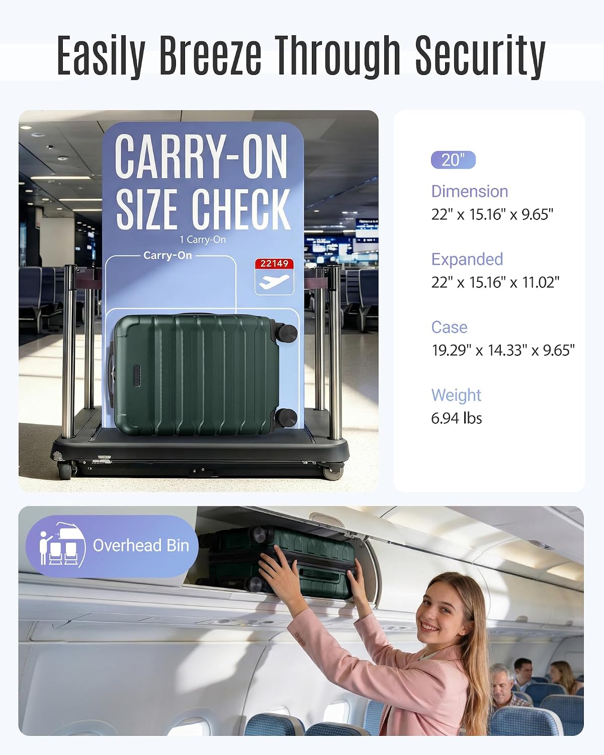 LIGHT FLIGHT Carry On Luggage, 20" Carry-On Suitcase, Deep Green | 20" Expandable Carry On Suitcases with Wheels, Lightweight Luggage, Durable Hard ShellRolling Suit Case for Men Women Travel
