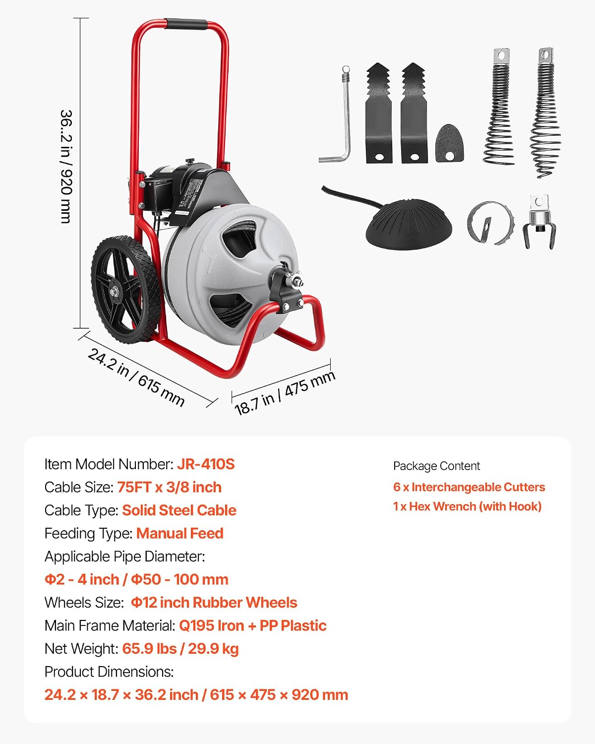 VEVOR Drain Cleaner Machine 50 FT x 5/16 Inch, Sewer Snake Auger with 228RPM Electric Drill, Manual Feed Drain Cleaning Machine with 6 Cutters & Air-activated Foot Switch for 2" to 4" Pipes