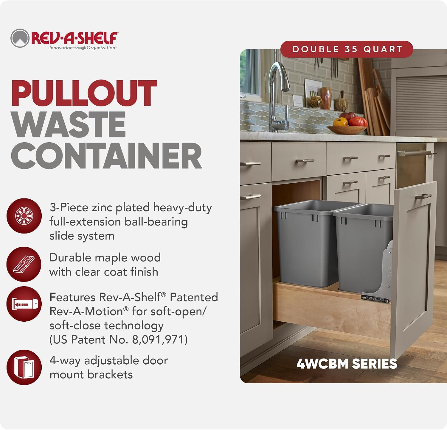 Rev-A-Shelf 35 Qt Bottom Mount Single Pullout Under Cabinet Kitchen Trash Cans for Base Cabinets, 150 Pound Rated Full-Extension Slides, Min Opening Width of 11.5", Silver, 4WCBM-15DM-1