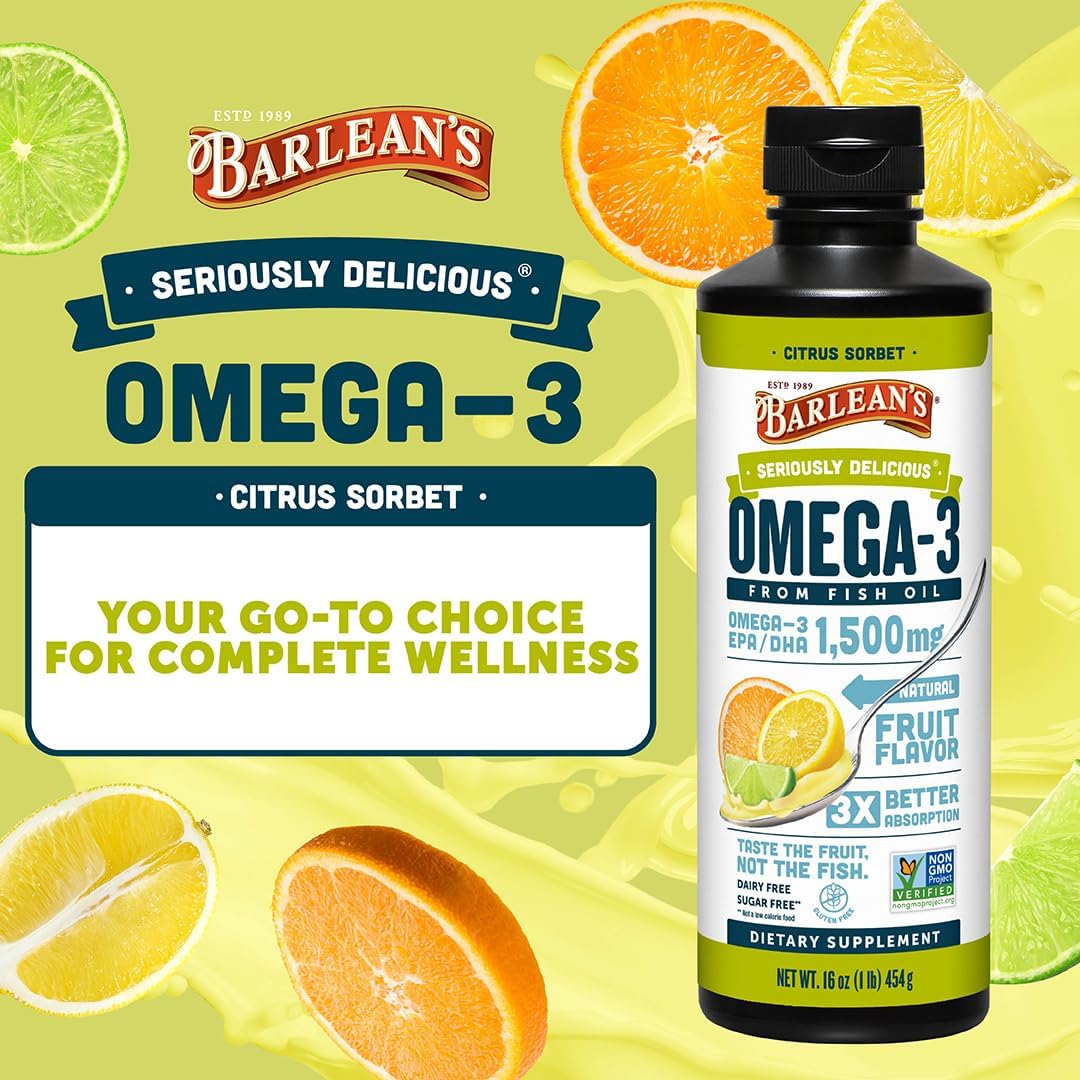 Barlean's Mango Peach Omega-3 Fish Oil, Vitamin D, 1080mg EPA & DHA, 8oz | Wild-caught fish oil plus vitamin D, EPA DHA omega-3, Burpless, Non-GMO, Gluten-free, Heart, brain, bone & immune