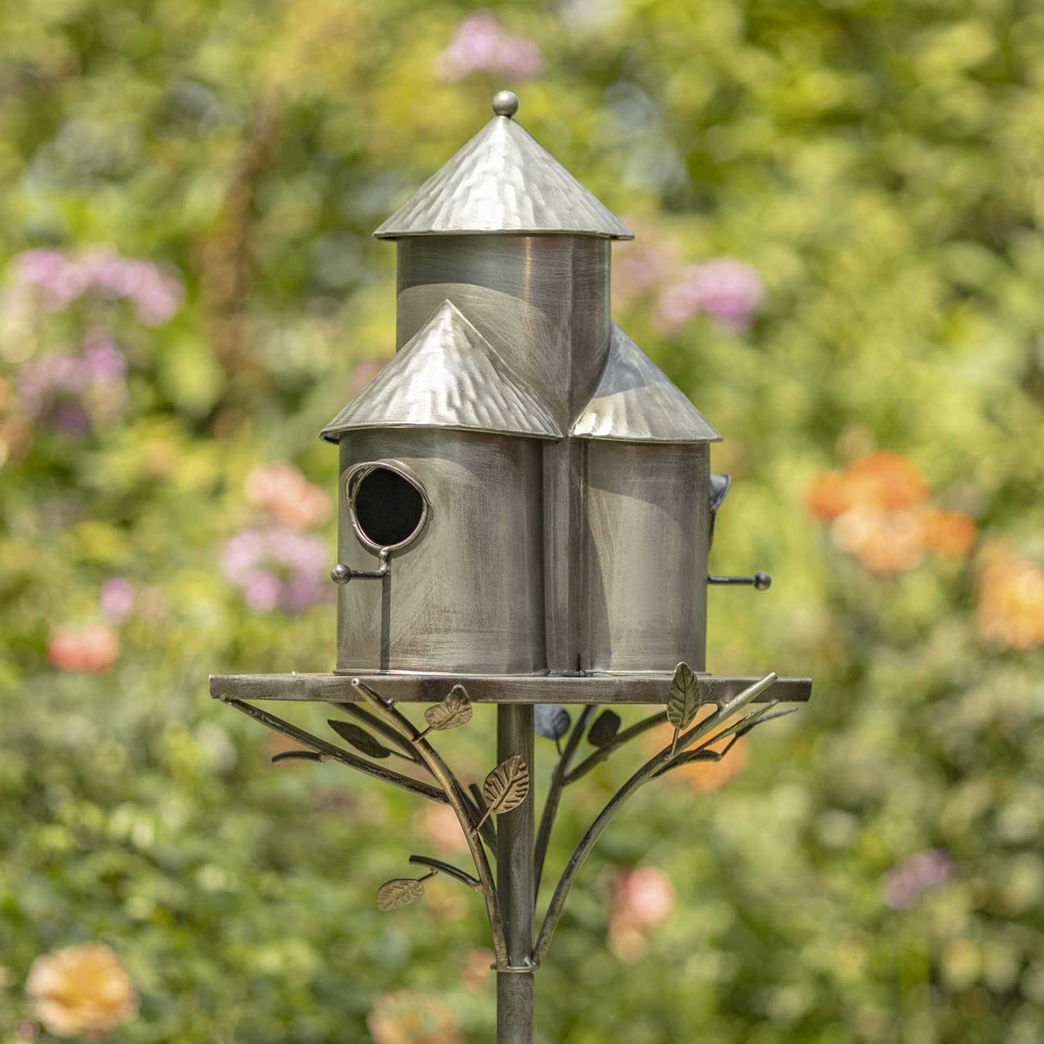 Large Copper Colored Multi-Birdhouse Stakes, Room for 4 Bird Families in Each (Cube Homes with Pyramid Roofs)
