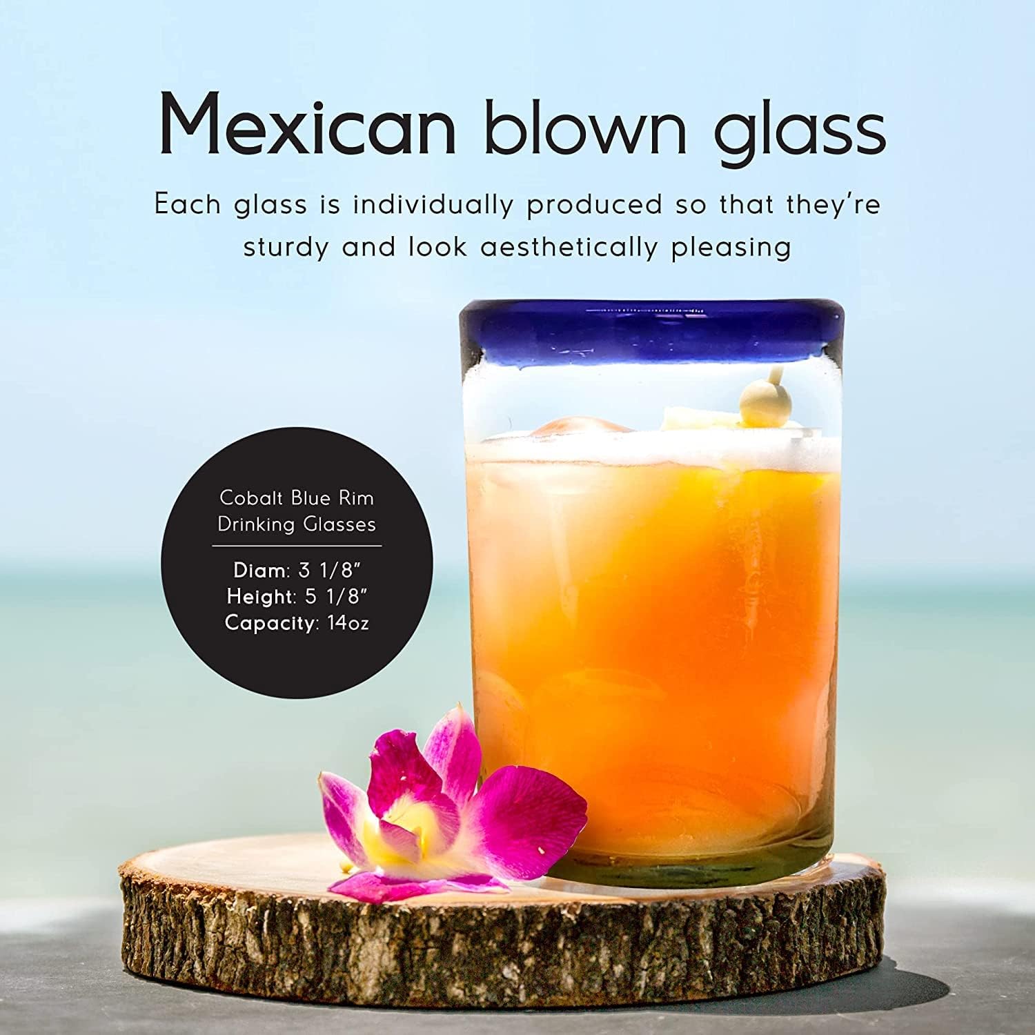 Cobalt Blue Rim 120 oz Pitcher and 6 Drinking Glasses set, Recycled Glass, Lead-free, Toxin-Free (Pitcher & Glasses)