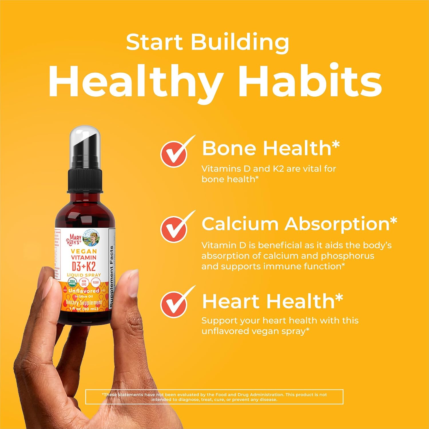 MaryRuth's Organic D3 + K2 Spray for Adults & Kids for Bone Health, 1 Fl Oz | Bone Health, Vitamin D3 as Cholecalciferol, Immunity, Mineral Absorption