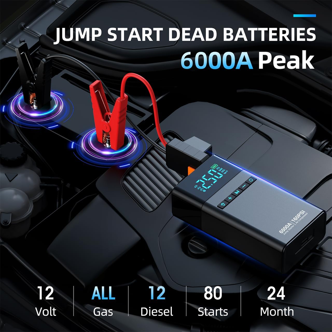 10-in-1 Portable Car Battery Jump Starter with Air Compressor, 6000A 160PSI Portable Car Jumper Starter (All Gas 12L Diesel)