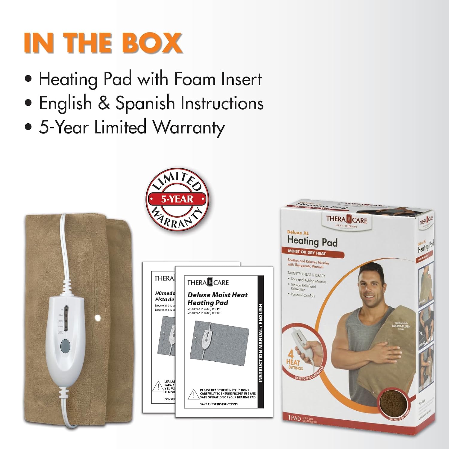 Deluxe Heating Pad Moist/Dry Heat Therapy | Moist & Dry Heat Therapy for Sore Muscles, 4 Heat Settings, Sponge Included, Machine-Washable Cover