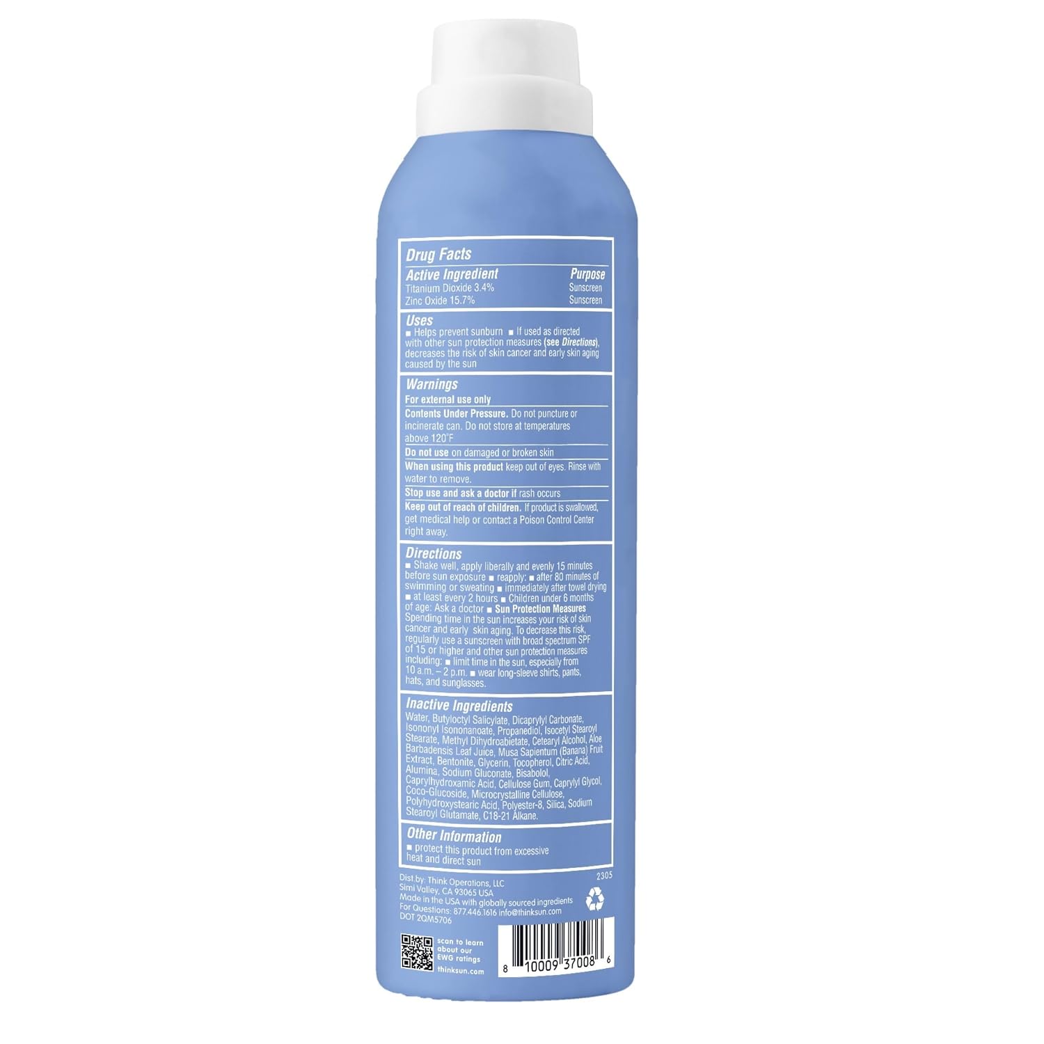 Thinksport Mineral Sunscreen SPF 50+ Zinc Oxide, Water Resistant, 3 Fl Oz