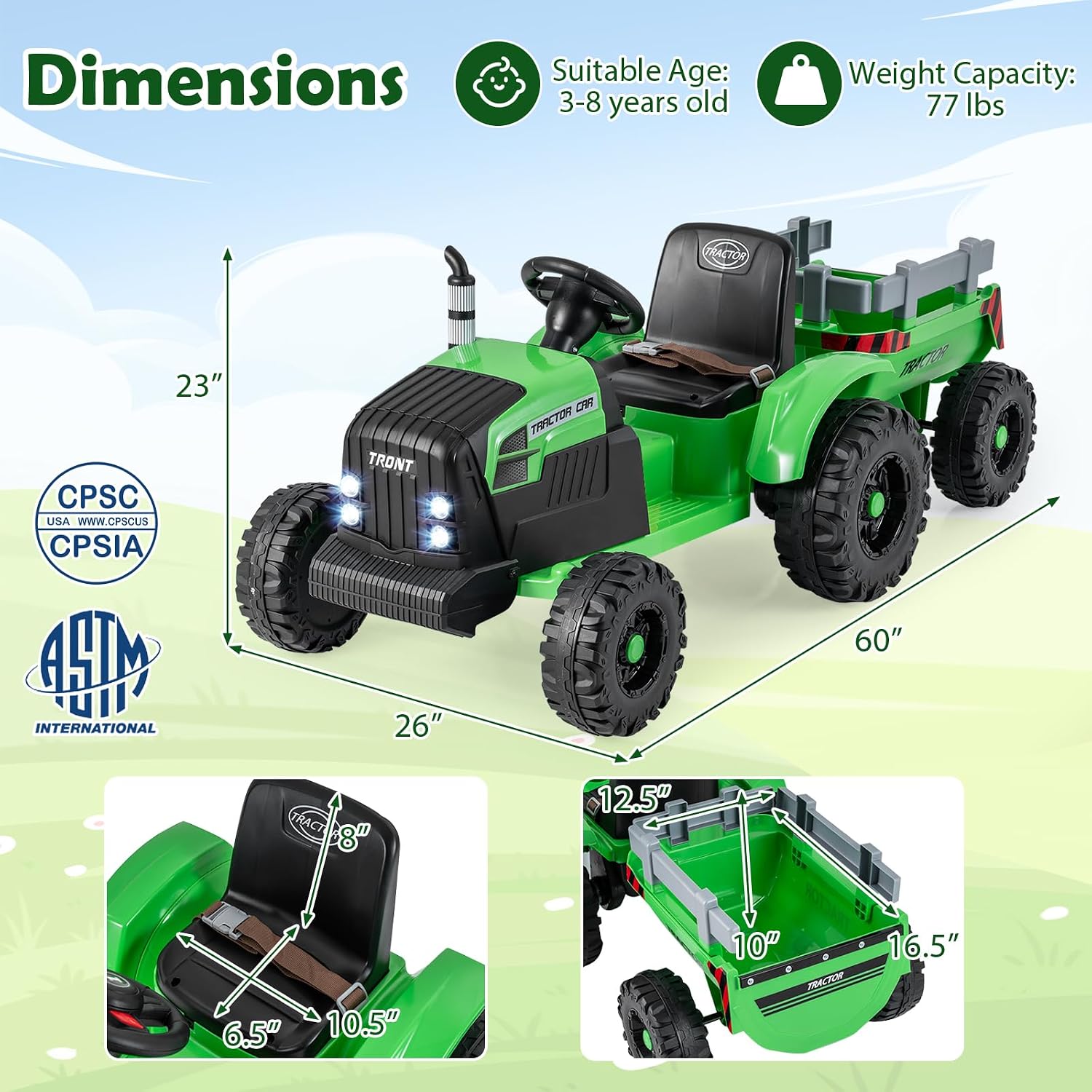 Costzon Ride on Tractor with Detachable Trailer, Kids' Electric Vehicles w/3-Gear-Shift Ground Loader, Wireless Design & USB, 7 LED Headlights