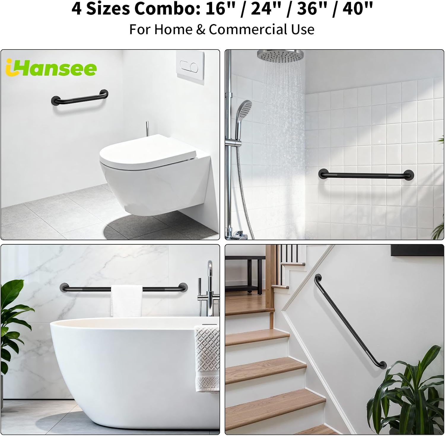 Brushed Nickel Grab Bars 18" 32" 36" 42" Bundle - 1.25" Diameter | 4 Pack Commercial Grab Bar, Anti-Slip Safety Shower Handrail, Toilet Handicap Bar, Stainless Steel Bathroom Handle for Senior