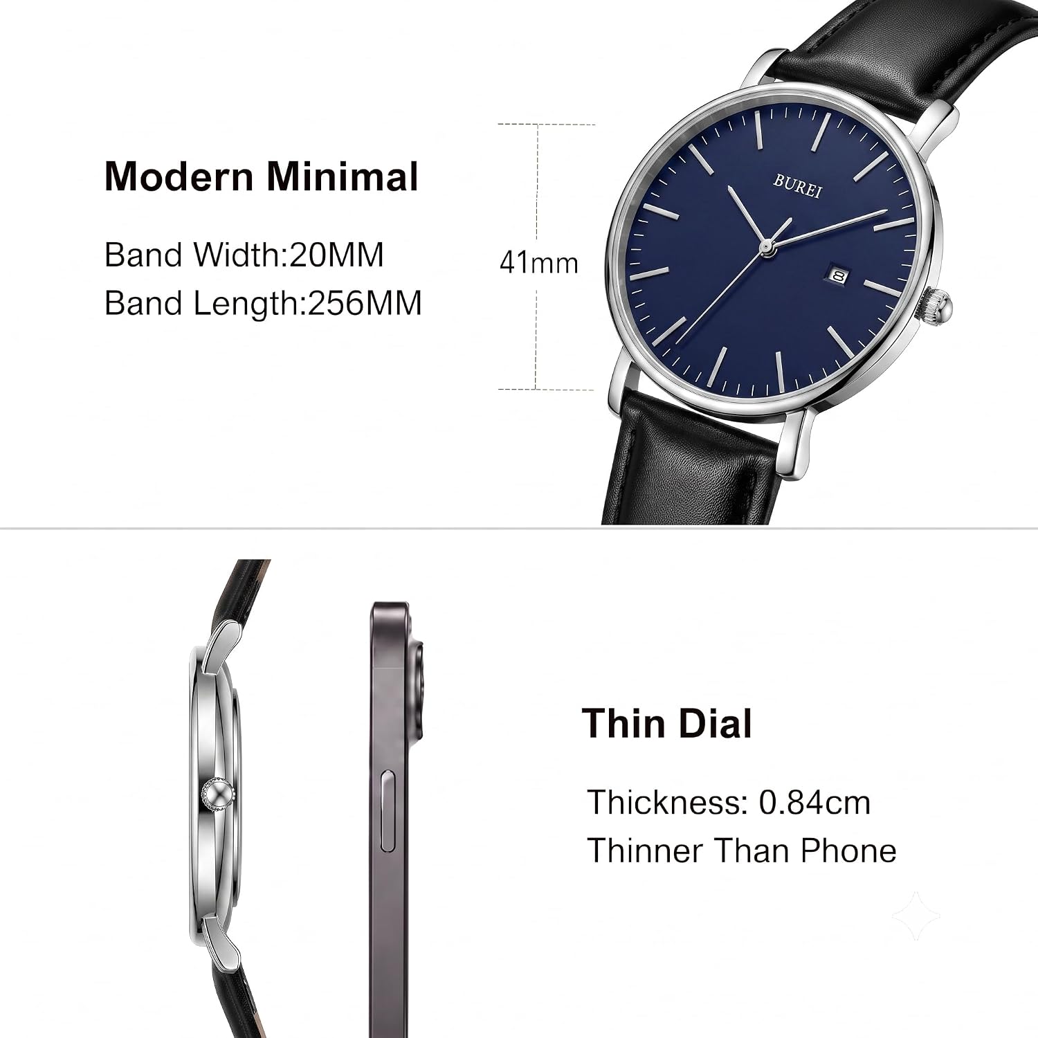 BUREI Men Wrist Watches Fashion Minimalist Thin Analog Quartz Waterproof Watches for Men, Refined Gifts for Men, Boyfriend, Husband, Dad