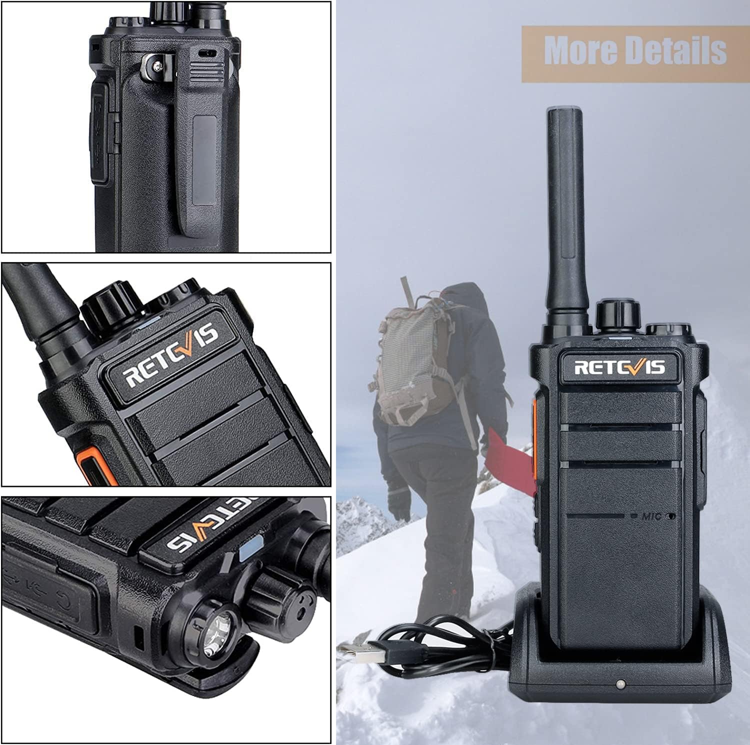 Retevis RB26H GMRS 2 Way Radio Long Range, Business Walkie Talkies, 1 Pack | Professional Two Way Radios, 2000mAh, Hidden Display, Type-C, Built in NOAA Flashlight VOX,GMRS Repeater Capable, for Camping
