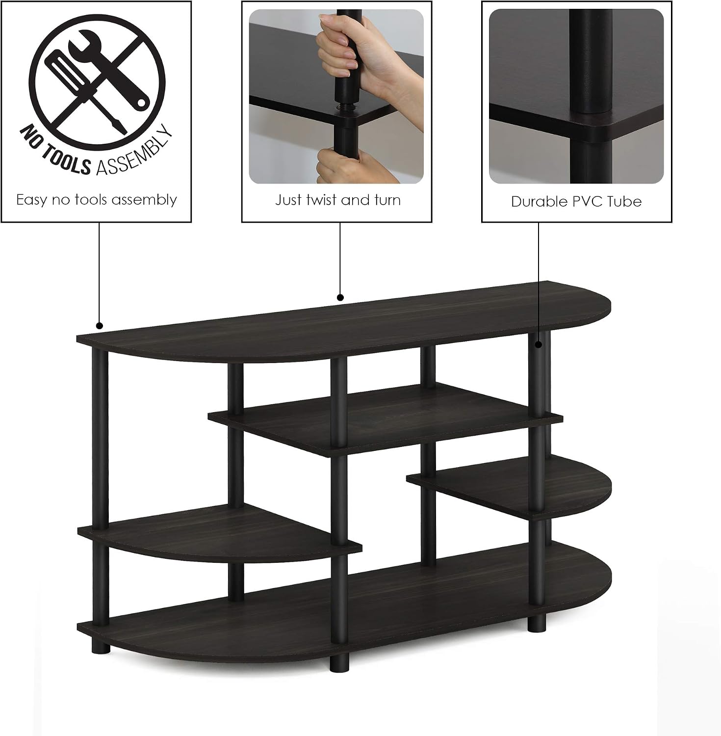 Furinno Turn-N-Tube No Tools Entertainment Center, Round Square Corner, French Oak Grey/Black | Raised Top, Open Shelves TV Console with for TV up to 32 Inch, for Living Room, Bedroom
