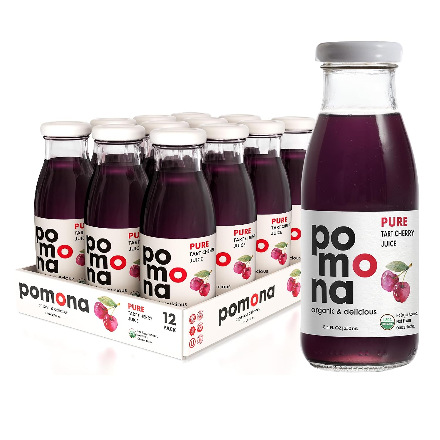 Pomona Organic Pure Black Cherry Juice, Cold Pressed Organic Juice, Non-GMO, No Sugar Added, Not from Concentrate, Gluten Free, Kosher Certified, Preservative Free 8.4 Ounce (Pack of 12),