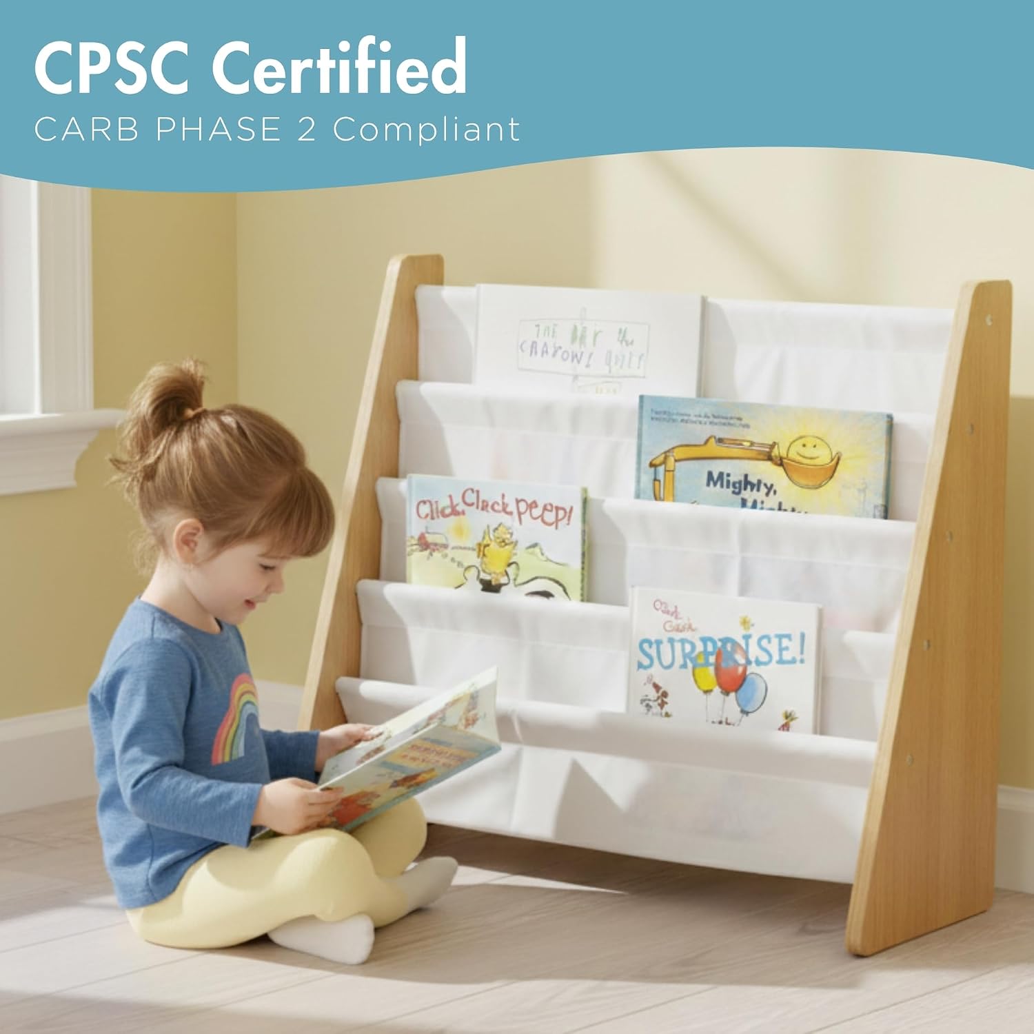 Humble Crew Kids Bookshelf, Montessori Front Facing Toddler Bookcase 4 Tier | Book display rack and reading nook organizer, nylon pockets show covers face out, compact for any playroom or bedroom space