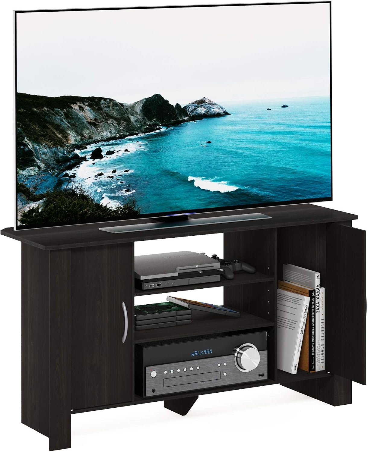 Furinno Econ TV Stand Entertainment Center, Espresso | with Adjustable Shelf, Open Back TV Console with Door Storage for TV up to 50 Inch, for Living Room, Bedroom