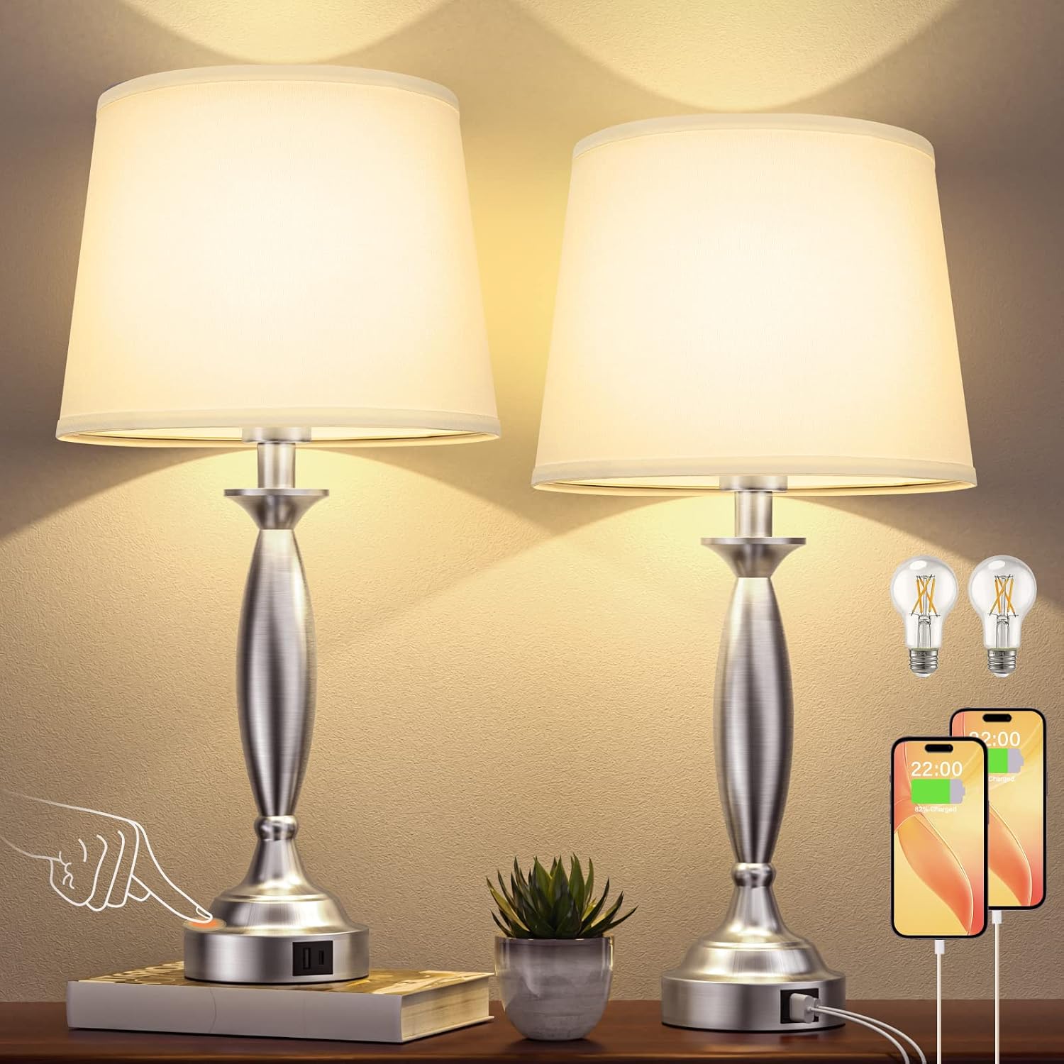 Bedroom Lamps for Nightstand, 3 Way Dimmable Silver Bedside Lamps with USB | Touch, USB C+A Ports, Bulb Included, White Shade, Silver, Chrome
