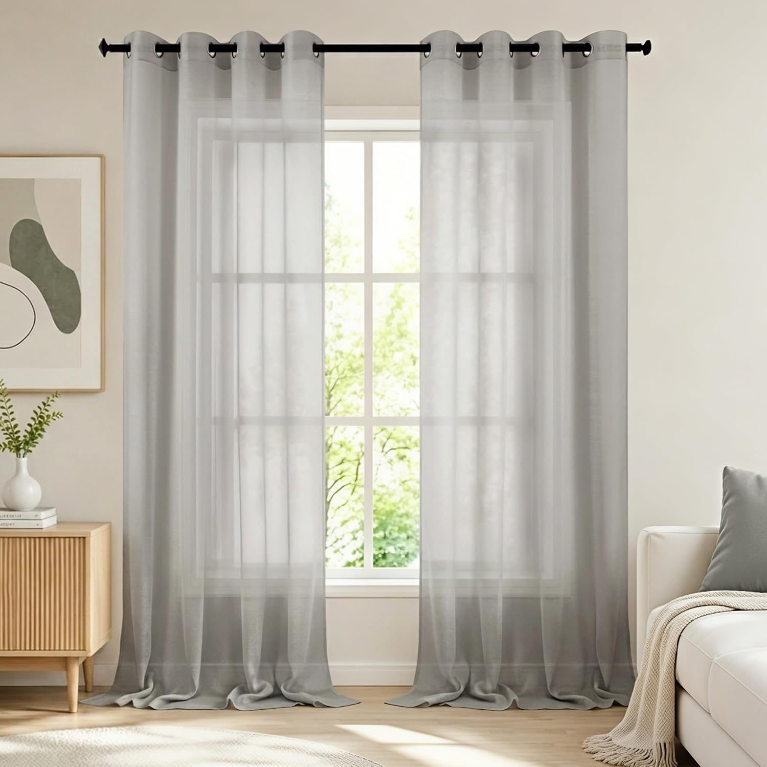 KOUFALL White Sheer Curtains 72 Inches Long for Bedroom Set of 2 Panels Grommet Faux Linen Window Voile Semi Baisc Decorative Sheer Curtains for