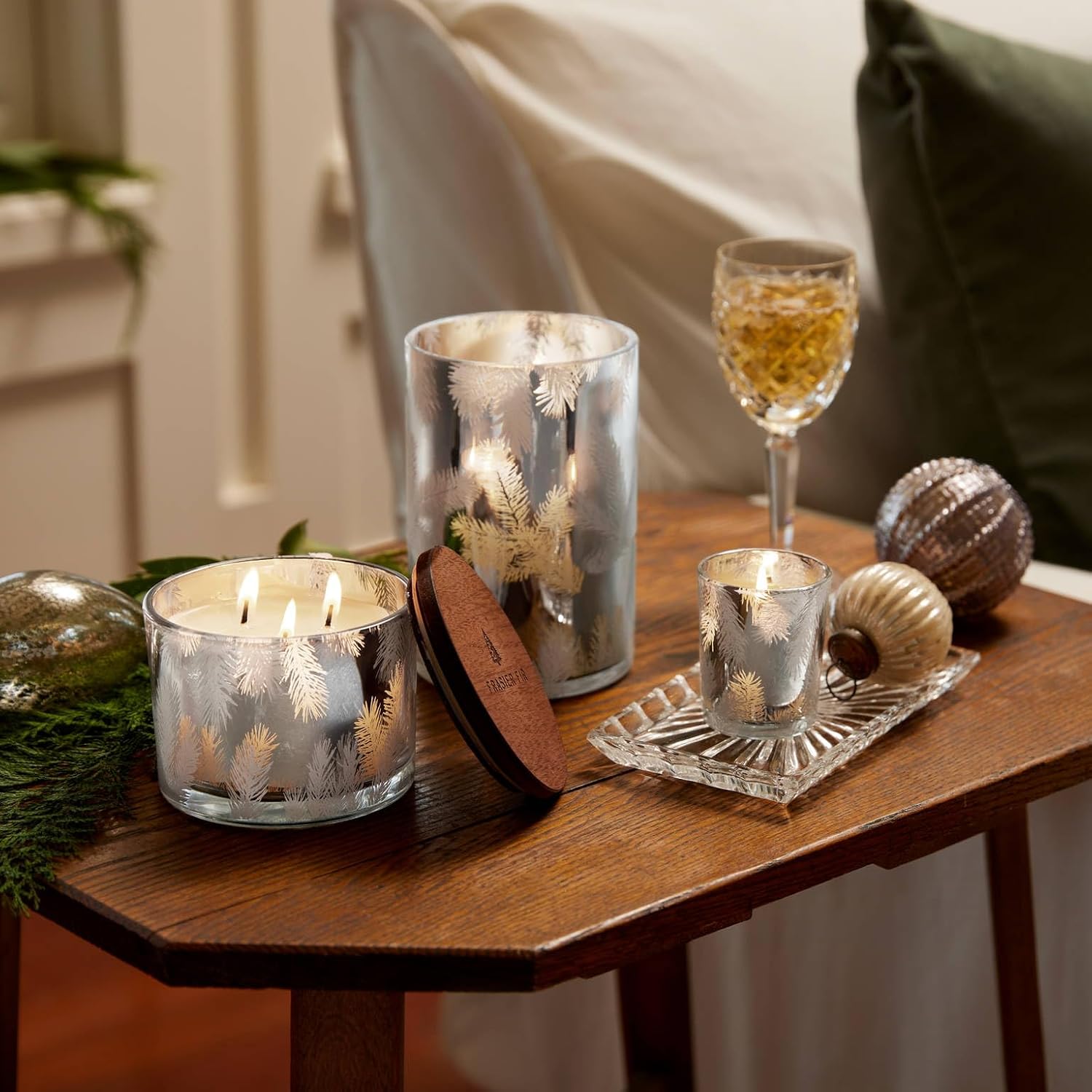 Thymes Frasier Fir Candles - Statement Collection - Silver with Pine Needle Design - Scented Candles for Home Decor - Notes of Siberian Fir Needles, Cedarwood & Sandalwood - Large 4 Wick (40 oz)