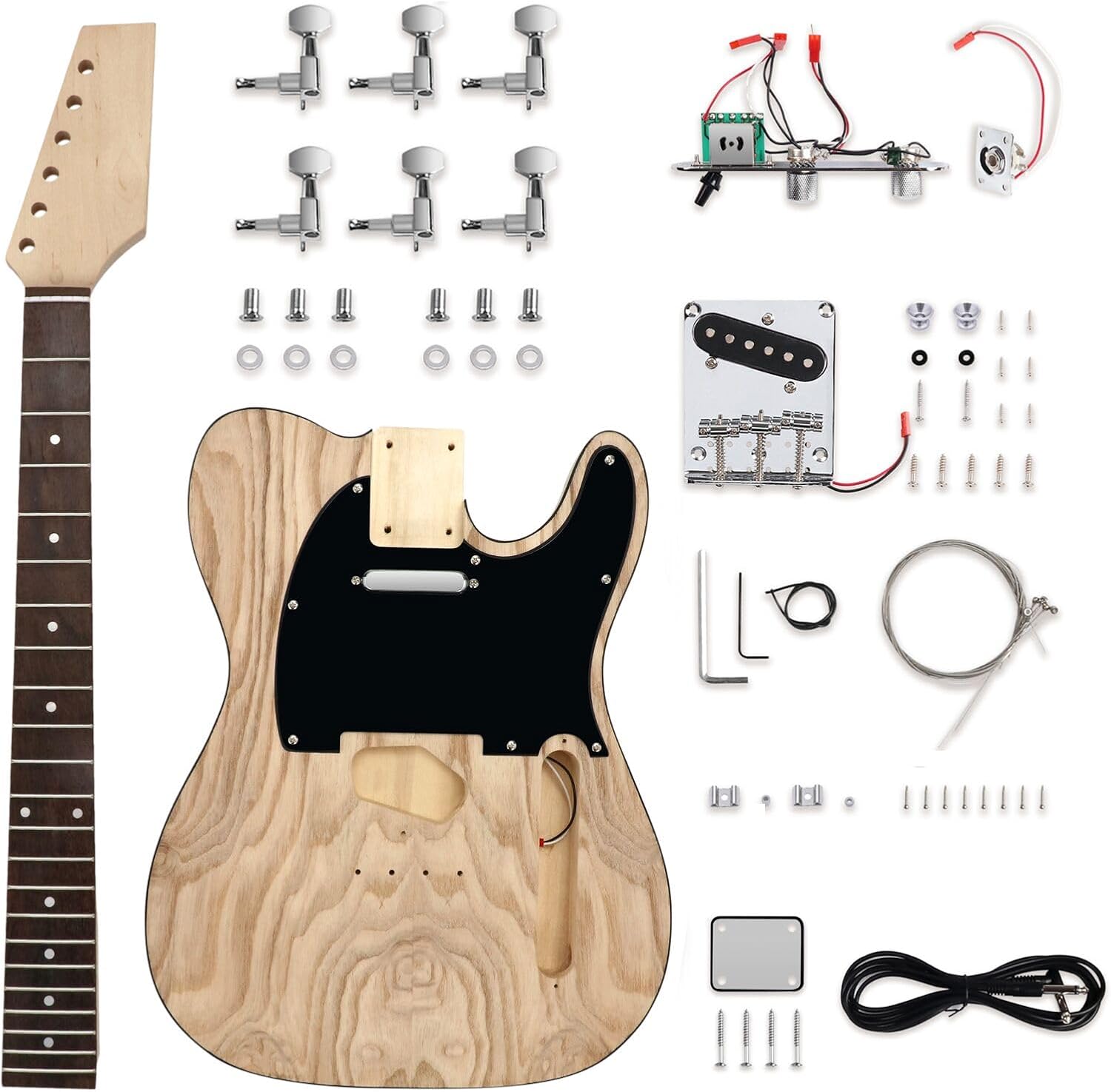DIY Electric Guitar Kit Beginner Kit TL Style 6 String Right Hand | Basswood Body with Ash Burl Top, Hard Maple Neck, Rosewood Fretboard
