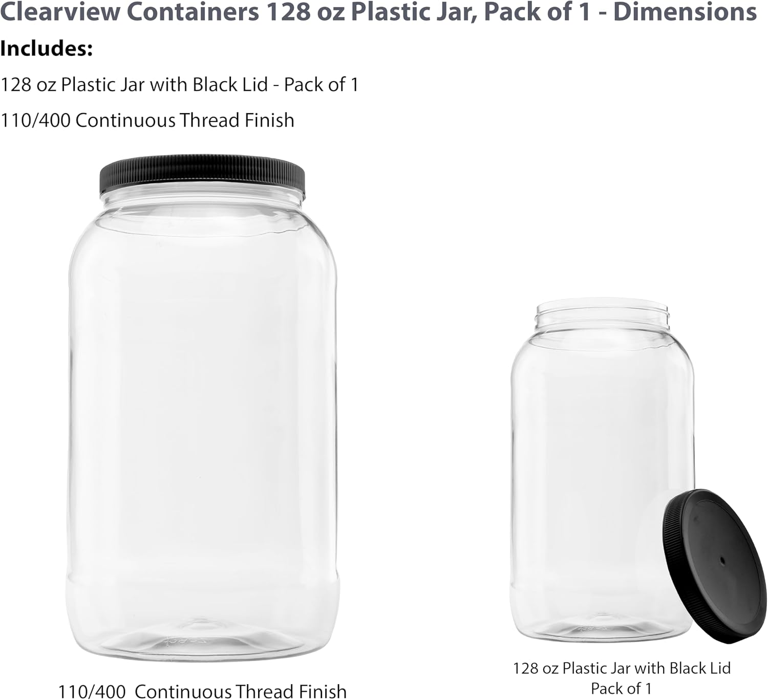 1 Pack - 128 oz (1 Gallon) Plastic Storage Jars with 110-400 Leak Proof Black Lids, Food Grade, BPA Free, Hand Wash Only (128oz, BLK, 1PK)