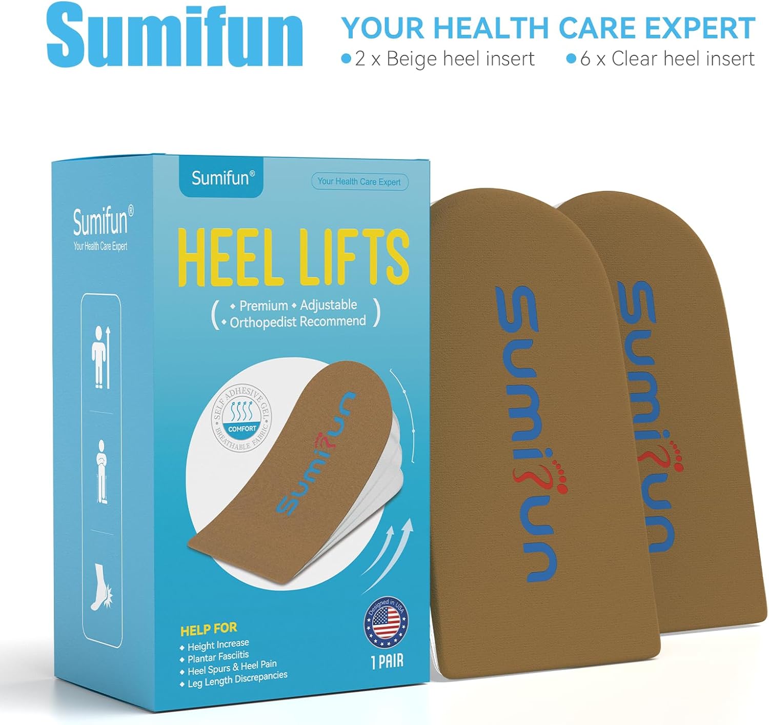 Sumifun Heel Lift, 4-Layer 1 Inch Gel Shoe Lifts for Women Uneven Legs, Adjustable Orthopedic Heel Lifts for Heel Pain and Leg Length Discrepancy