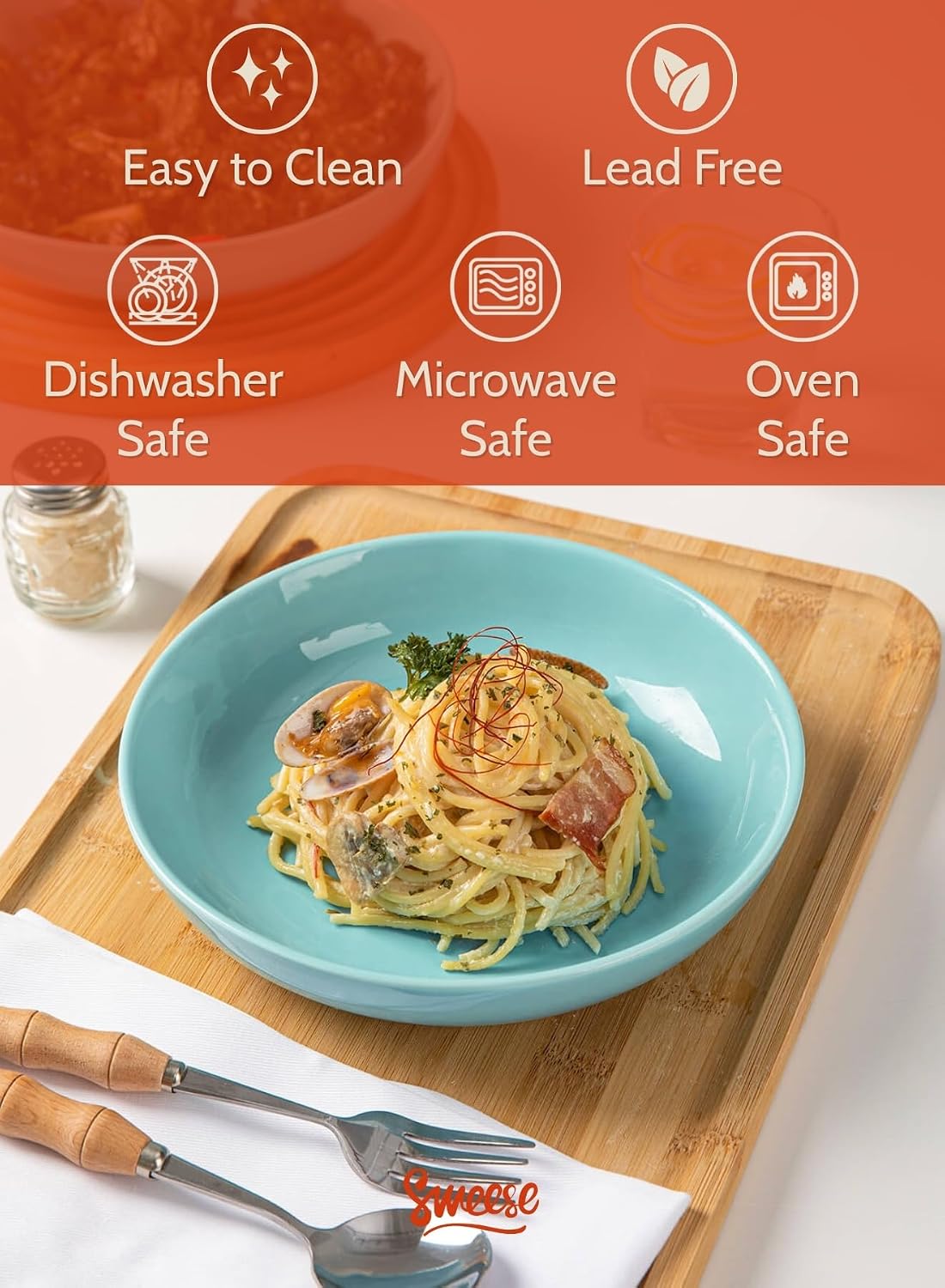 Sweese 22oz Porcelain Pasta Bowls Set of 6-7.6 Inch White Salad Serving Plates, Microwave Dishwasher Safe Dinnerware