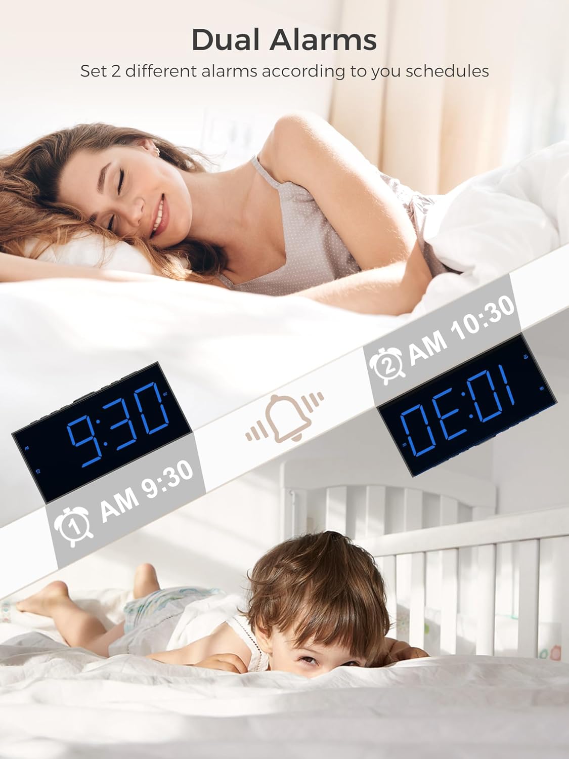 Digital Alarm Clocks for Bedrooms, Dual Alarms, 7.5-Inch Large Display