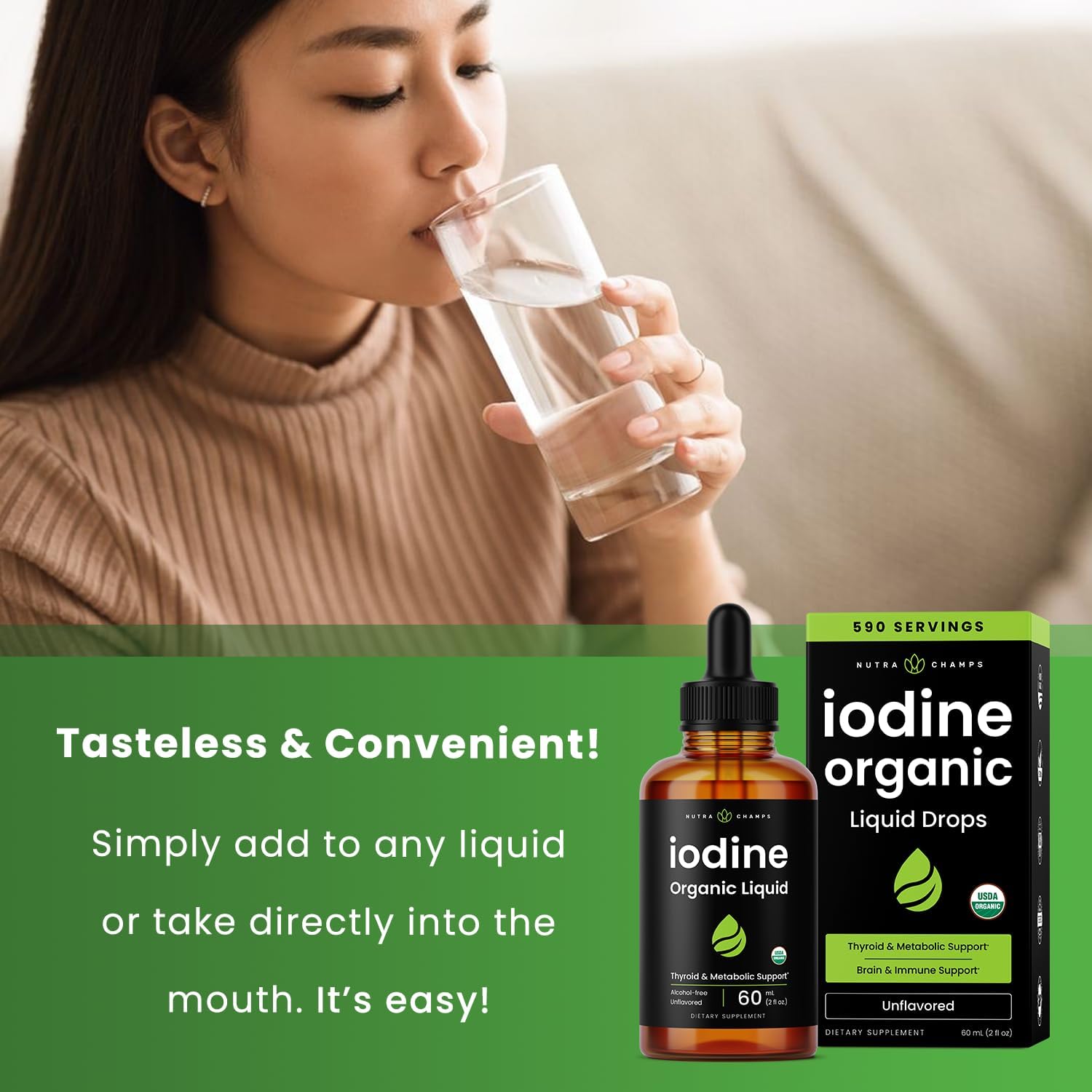 Organic Iodine Liquid Drops - 250 mcg Iodine Supplement for Women & Men - Potassium Iodide Solution 250 mcg - 590 Servings - Thyroid
