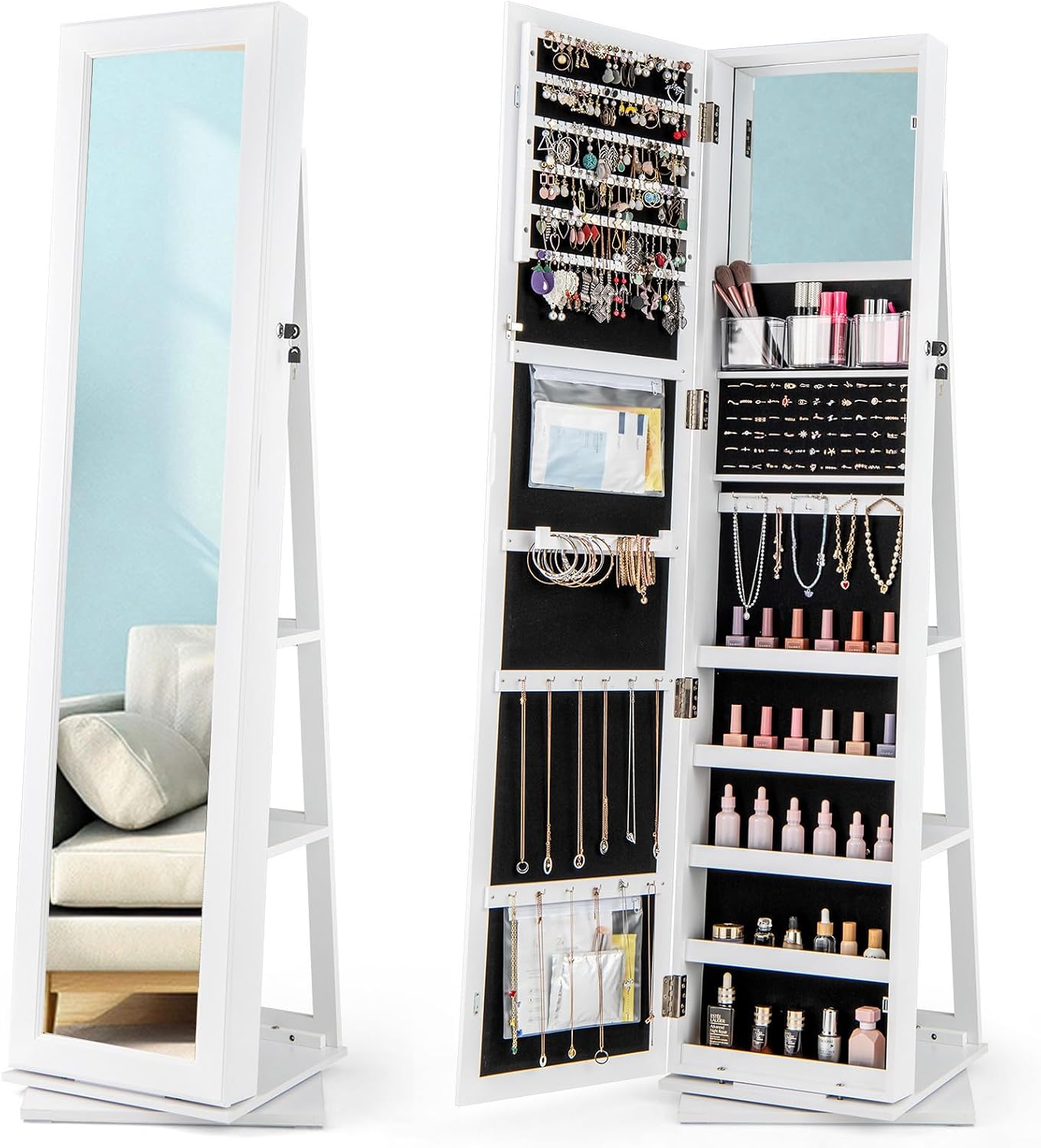 CHARMAID 360° Swivel Jewelry Armoire with Higher Full Length Mirror, Standing Lockable Jewelry Cabinet Organizer with Large Storage Capacity