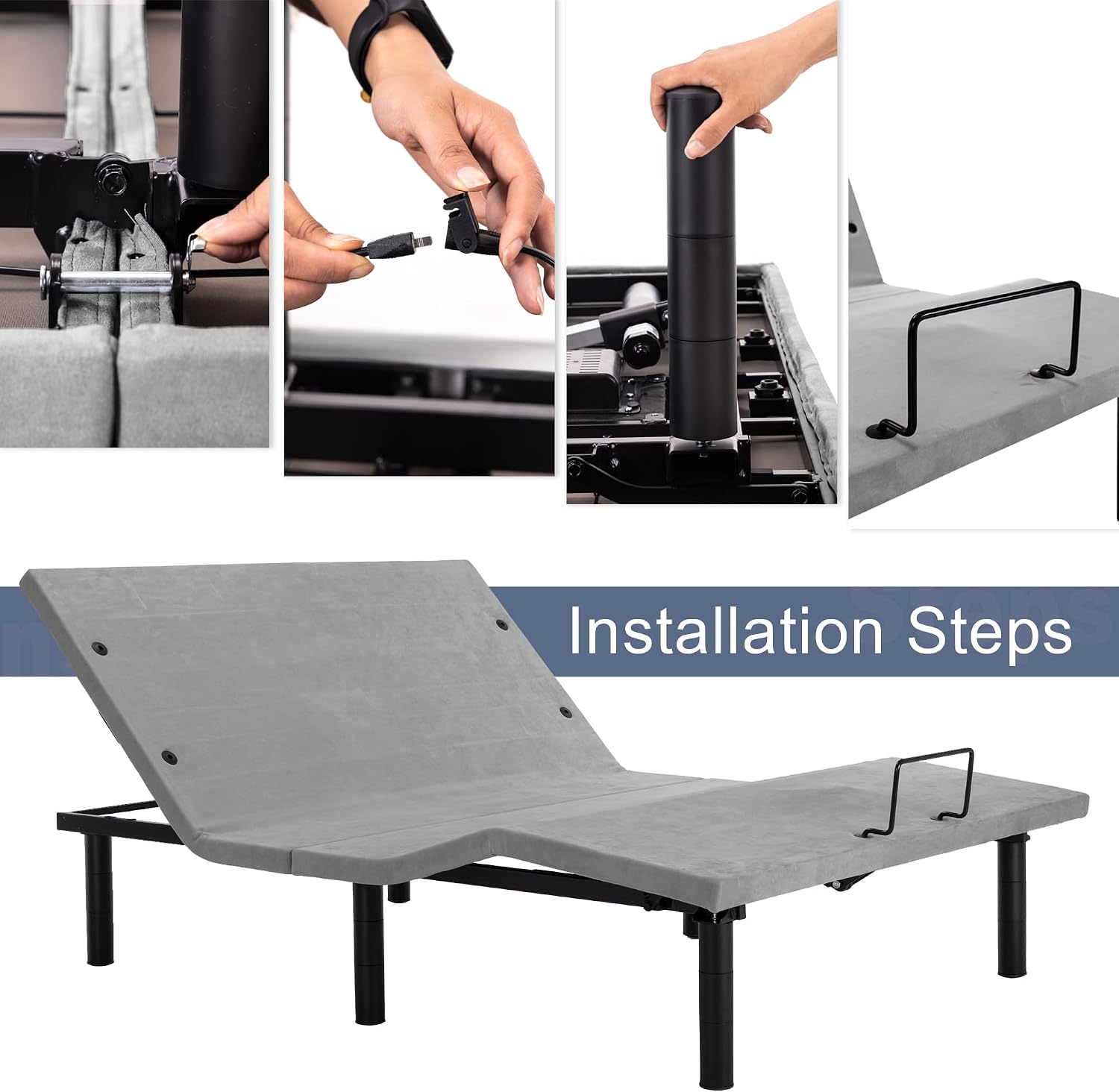 Fromann Adjustable Electric Twin XL Bed Base Frame with Massage, USB Type-C Ports, Zero Gravity, Under Bed Led Lighting and Three Leg Height (Black)