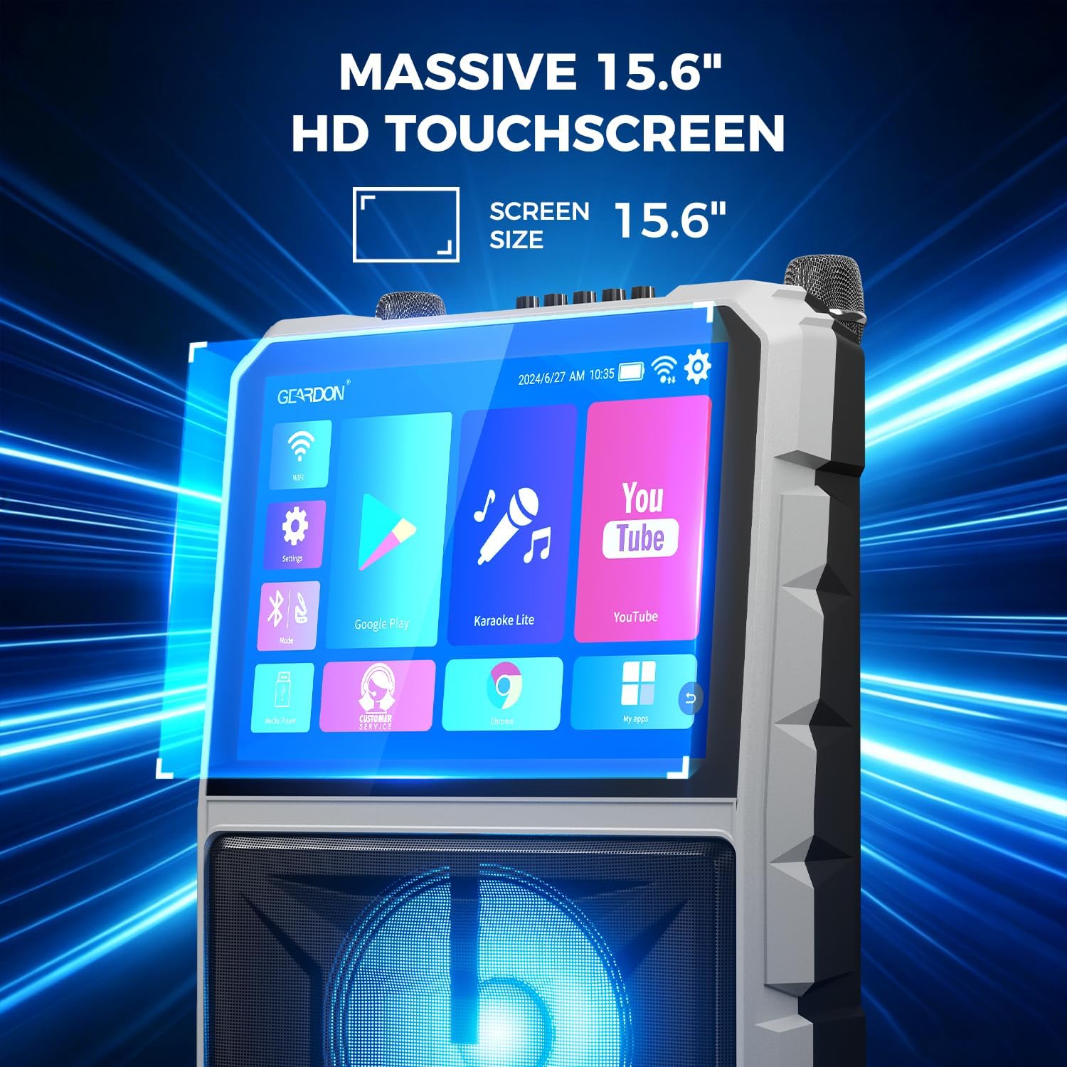 Karaoke Machine with Lyrics Display Screen for Adults, 15" Tablet | Bluetooth Speaker with 2 Rechargeable UHF Mics, 1000W Peak Power, DJ Lights, Portable Karaoke System for Any Occasion