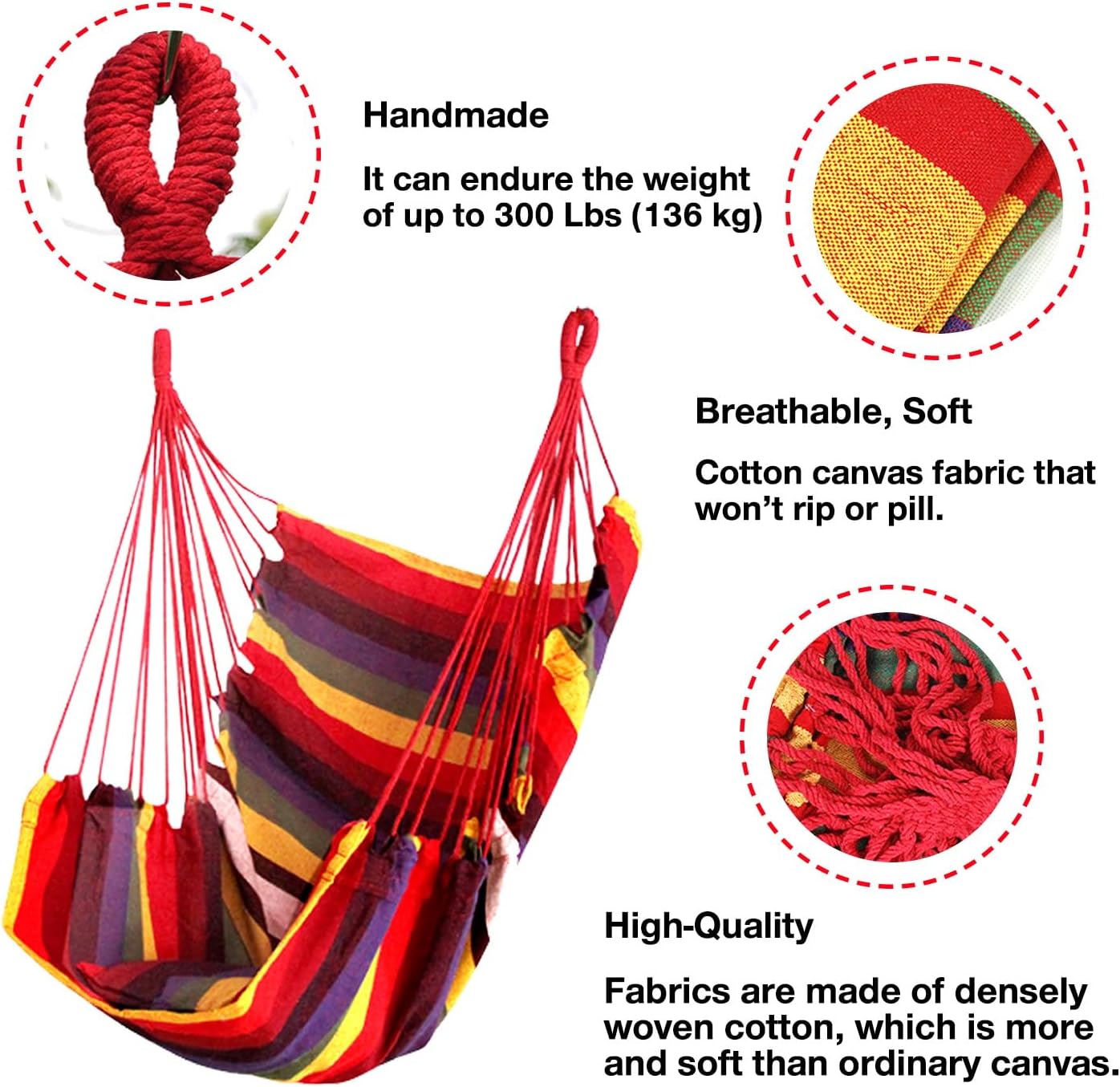 Hommtina Hammock Chair Hanging Rope Swing, Max 300 Lbs Hanging Chair with Pocket & Durability Perfect for Outdoor, Home, Bedroom, Patio