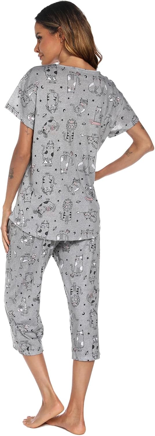 ENJOYNIGHT Womens Pajama Set Cotton Short Sleeve Top With Capri Pants Pj