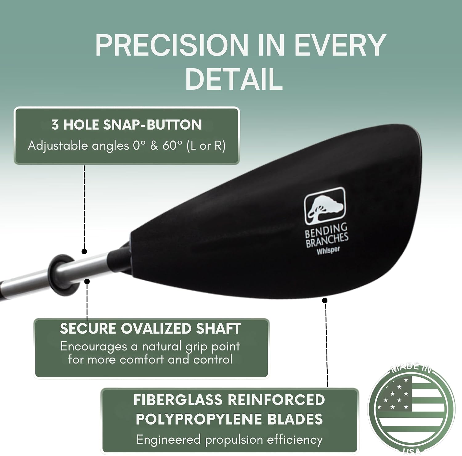 Bending Branches Whisper Kayak Paddle – 2‑Piece Aluminum Shaft, Polypropylene Blades, Adjustable 0°/60° Feathering, Black Comfort Grips, Dihedral Blade Design for Recreational Paddling