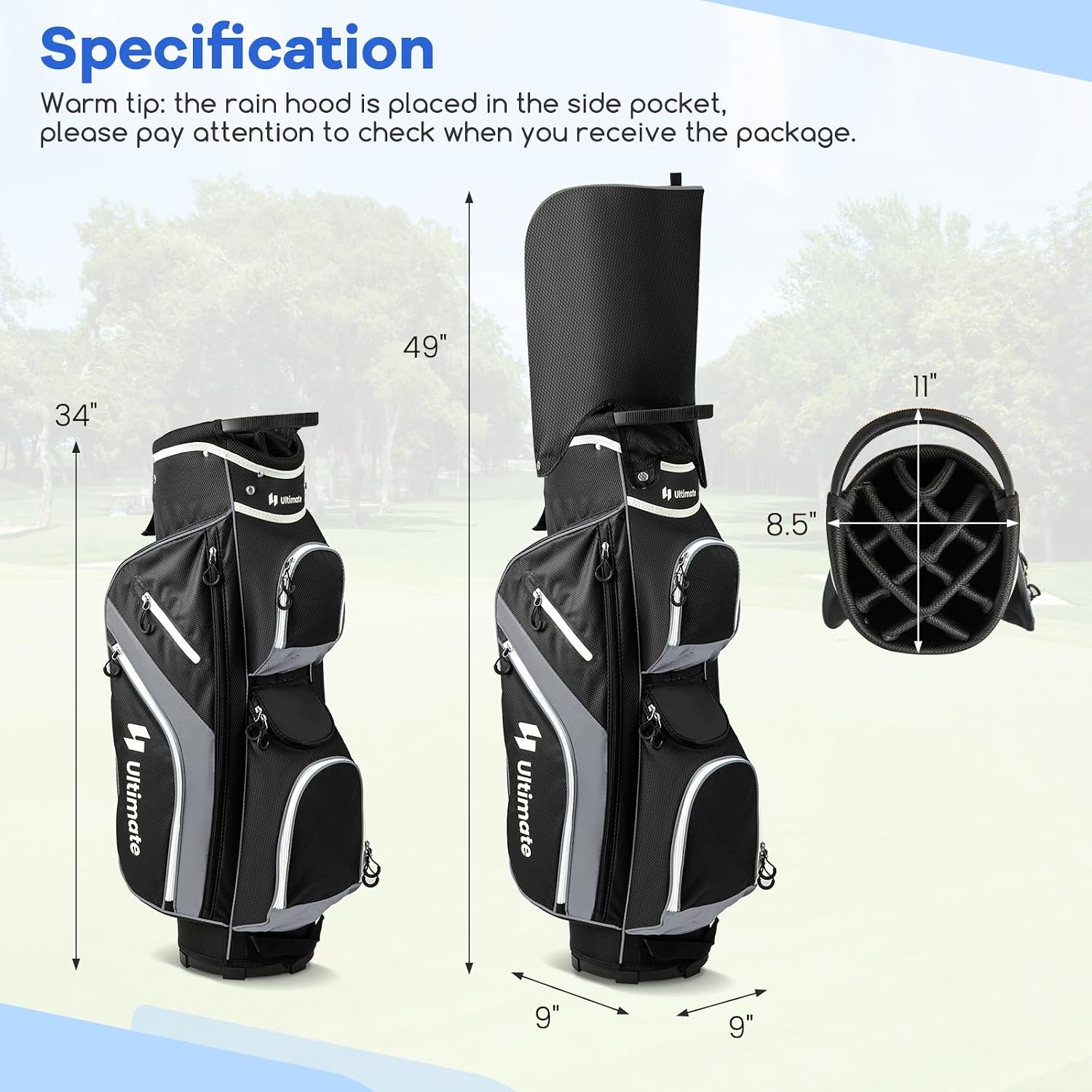 ULTIMATE Golf Cart Bag with 14-Way Top Dividers, Golf Club Bag w/ 9 Pockets incl. Cooler Bag, Rain Hood/Dust Cover, Detachable Shoulder Strap & Carry Handles, Lightweight for Men & Women