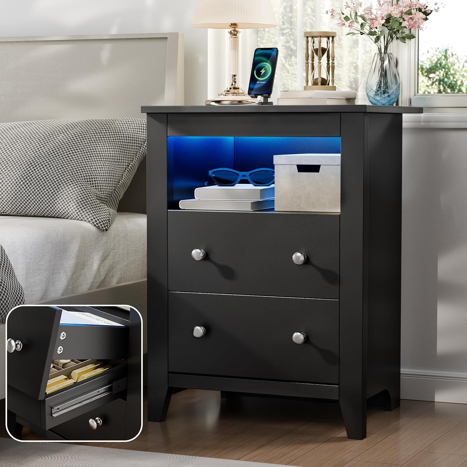 Black Nightstand with Gun Drawer, Night Stand with Charging Station & LED Lights, Bedside Table with Tray & 2 Drawers, End Side Table with Hidden Compartment for Valuables Storage
