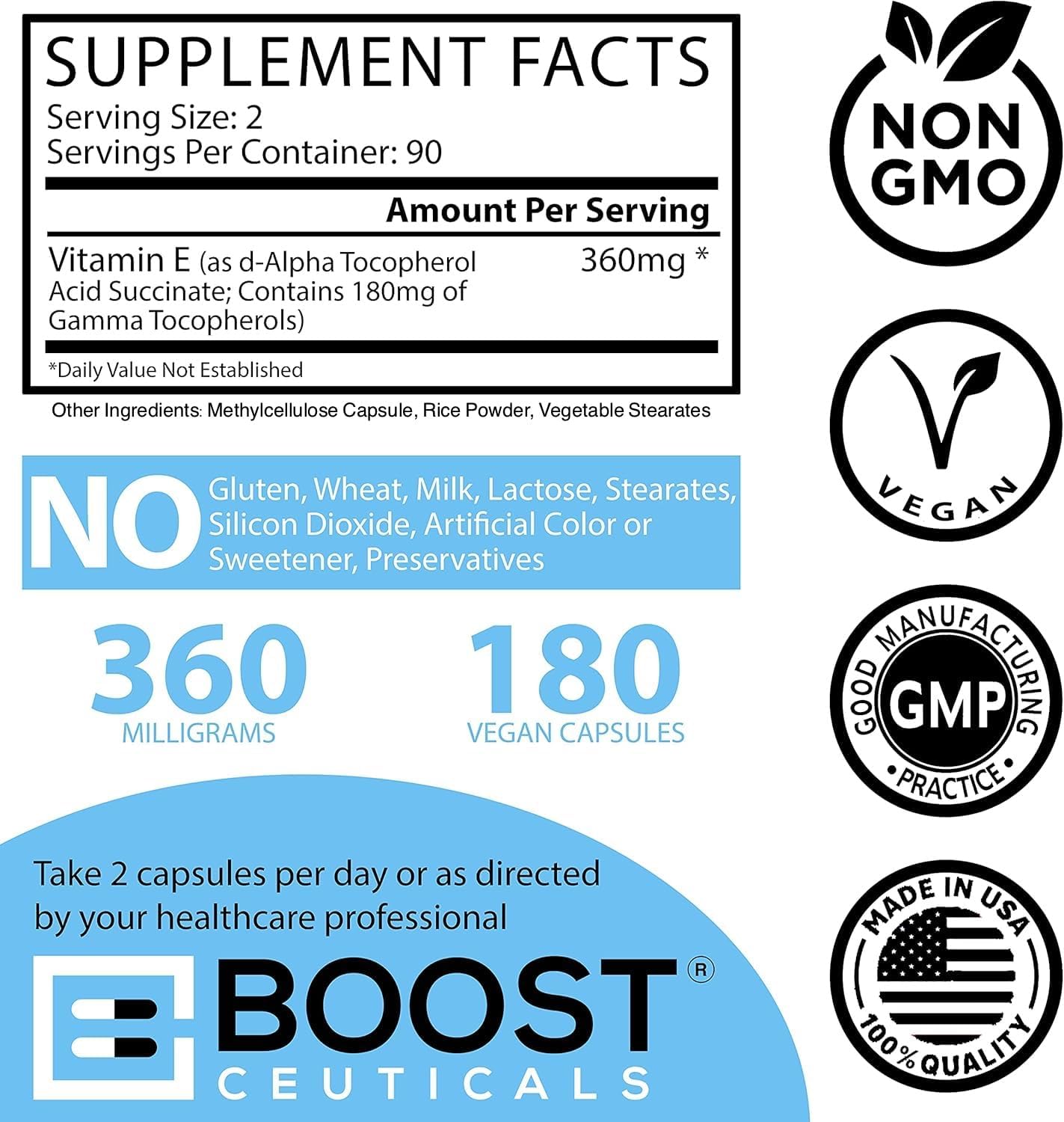Gamma E Vitamin E Supplement 180mg Mixed Tocopherols - 180 Vegan Capsules | Antioxidant for Heart and Inflammation Support, Non-GMO, Gluten Free