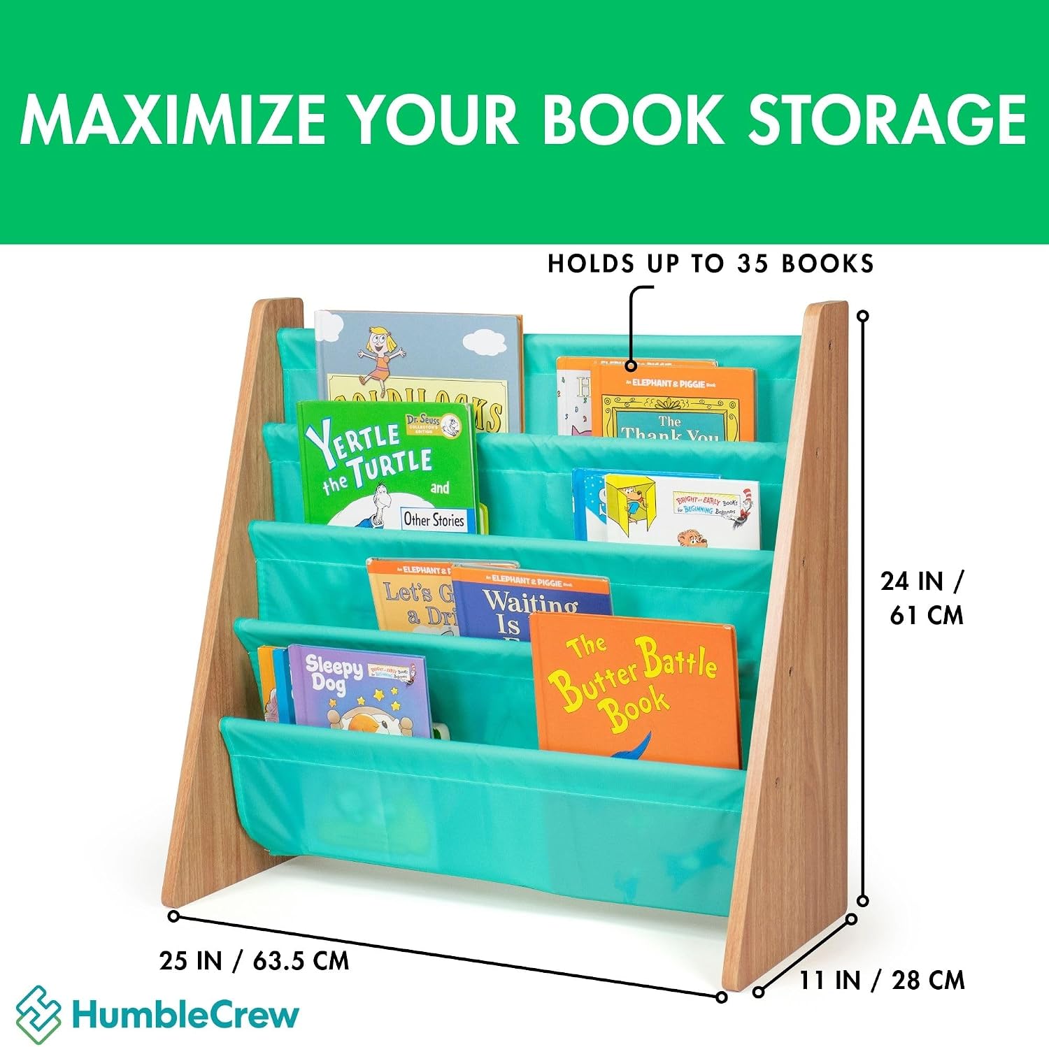 Humble Crew Kids Bookshelf, Montessori Front Facing Toddler Bookcase 4 Tier | Book display rack and reading nook organizer, nylon pockets show covers face out, compact for any playroom or bedroom space