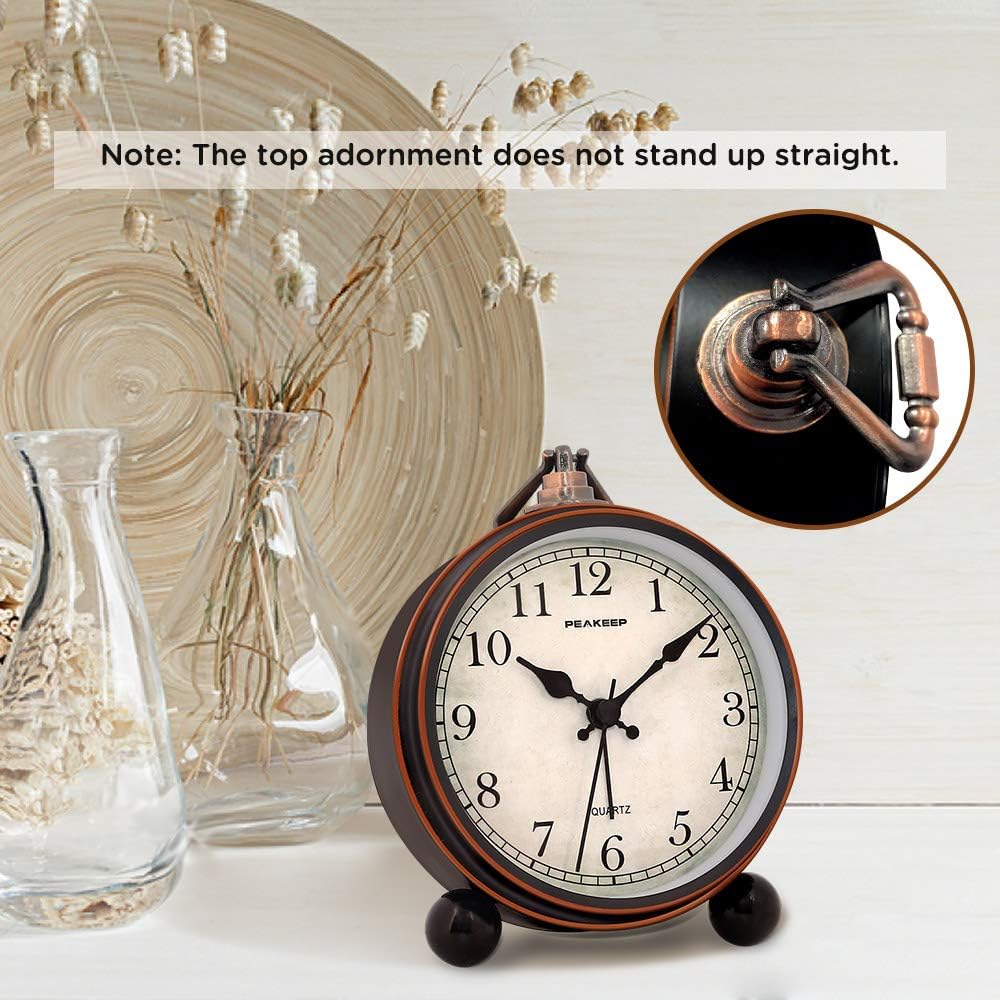 Peakeep 4" Small Battery Operated Analog Alarm Clock, Antique Retro Style