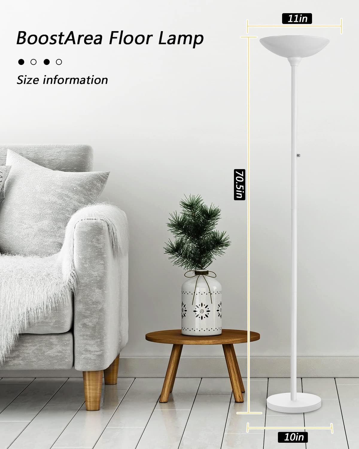 BoostArea Torchiere Floor Lamp, 30W Super Bright LED Standing Lamp, Stepless Dimmable Pole Lamp with 3000K Lighting, Rotary Switch