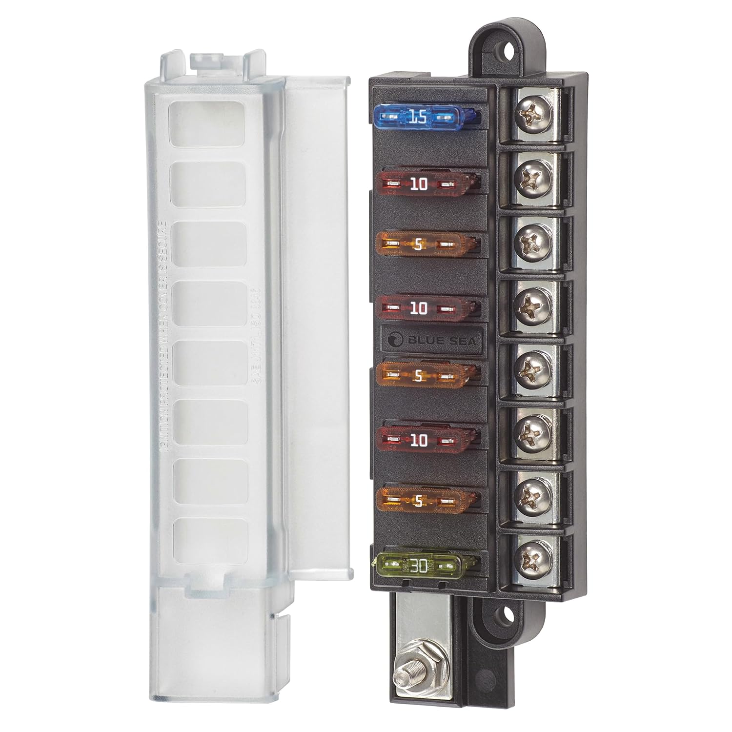 Blue Sea Systems ST Blade Fuse Block 6 Way Circuits with Negative Bus and Cover, 100 Amps, 5025
