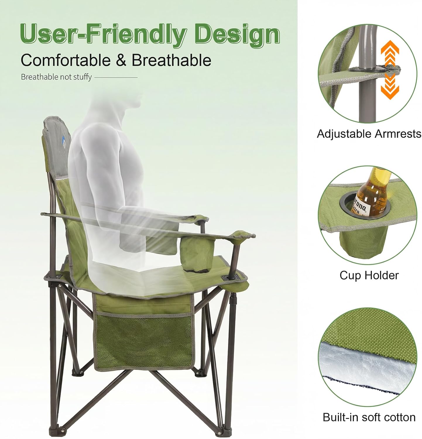 Oversized Camping Chairs 2 Pack - Heavy Duty 400LBS Padded Lawn Chair with Cooler Bag,Cup Holder,Side Pocket,Collapsible for Outdoor,Camp,Fishing & Garden,Dark Green
