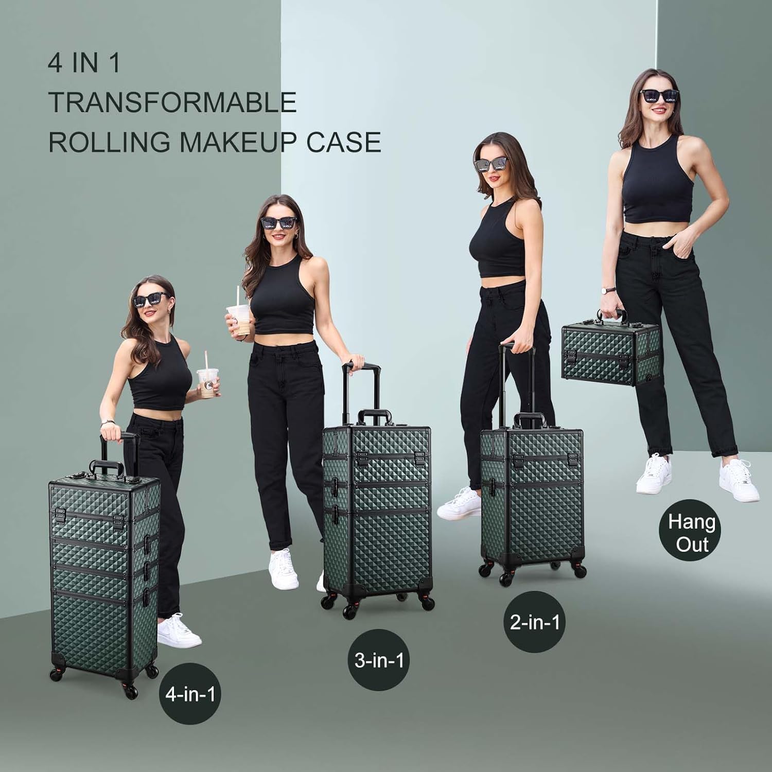 Stagiant Rolling Makeup Case Cosmetology Case on Wheels 4 in 1 Large Cosmetic Organizer Train Case Makeup Travel Case with Key Swivel Wheels Nail