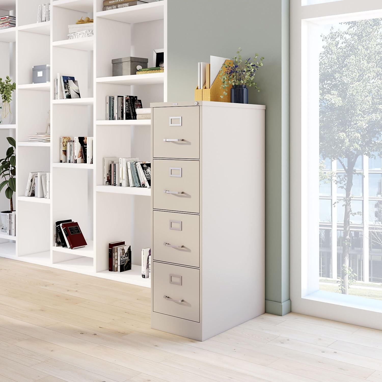 Staples 4-Drawer Vertical File Cabinet, Letter Size Documents, Lockable, 26.5" D x 15" W x 51.97" H, Putty/Beige
