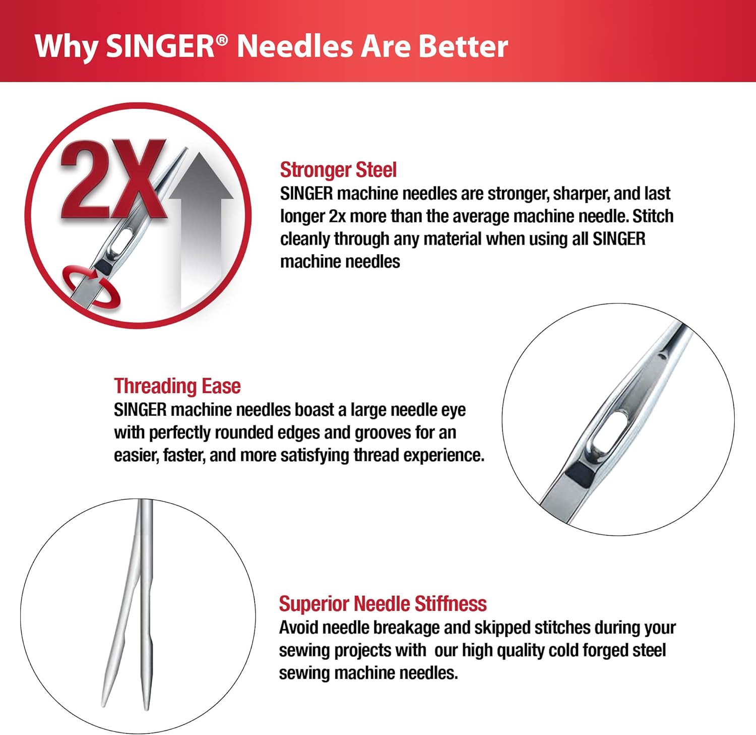 SINGER Heavy Duty Machine Needles, Denim & Leather, Assorted, 5 Count | Heavy-duty machine needles for denim, leather and heavy fabrics; 5 assorted sizes, fit SINGER and other domestic machines