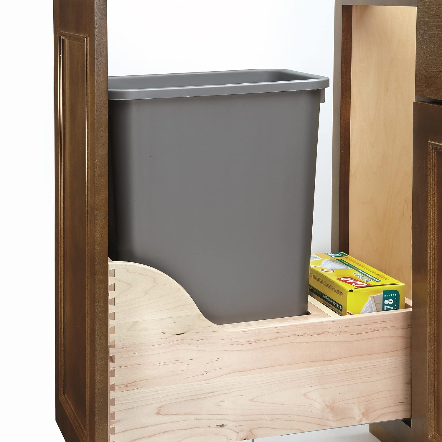 Rev-A-Shelf Pullout Trash Cans for Kitchen Cabinet, Dual 35 Qt Bins with 15" Wood Frame - Large Garbage Bin Containers for Home Waste Storage and Recycling | w/ Soft Close, Under Cabinet Waste/ Recycling Bin, Maple Wood Bottom Mount w/Full Extension Ball…